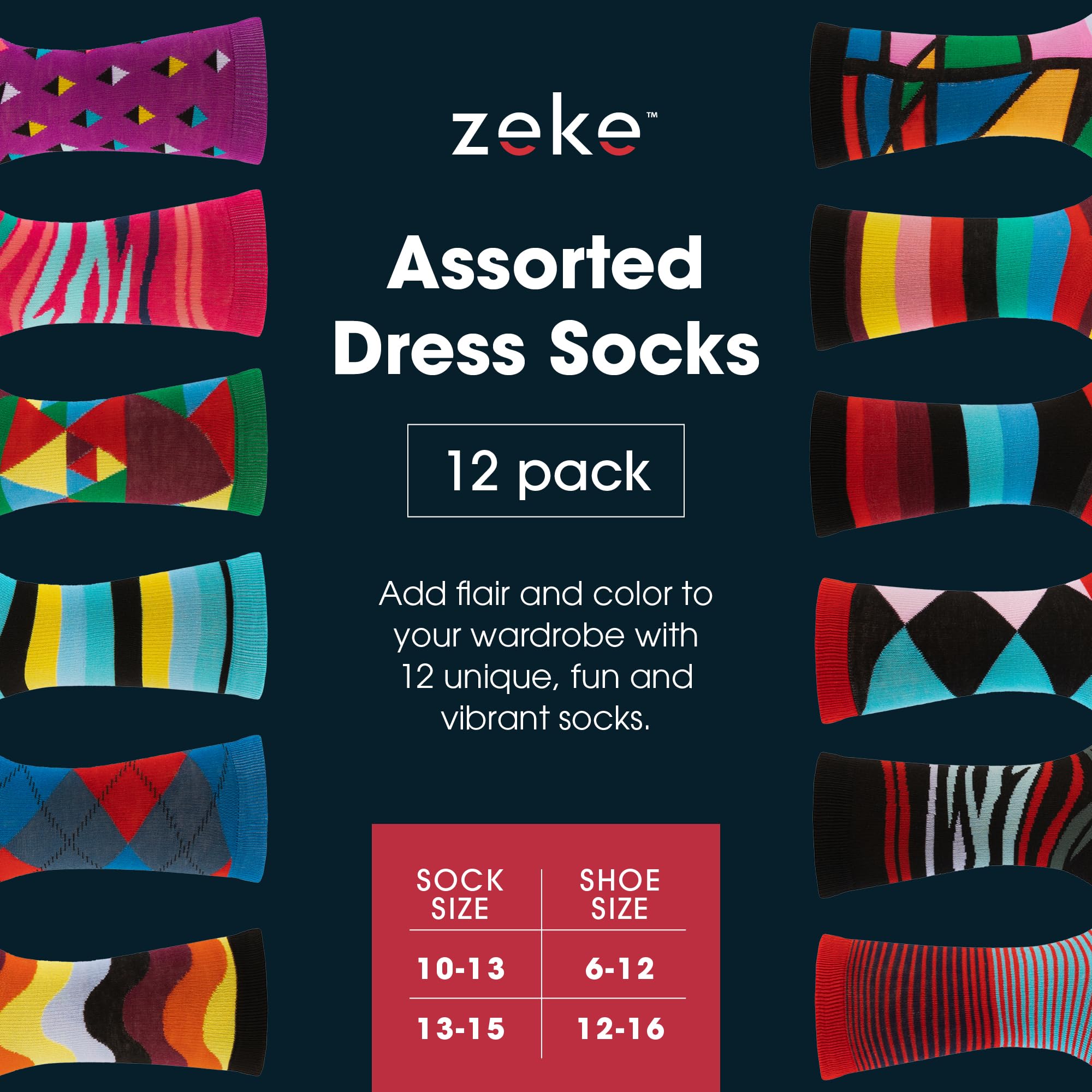ZEKE Funny Dress Socks for Men - Colorful Crazy Patterned Socks - Cool Novelty Casual & Formal Socks - Perfect for Gifts, Office Wear, and Special Occasions