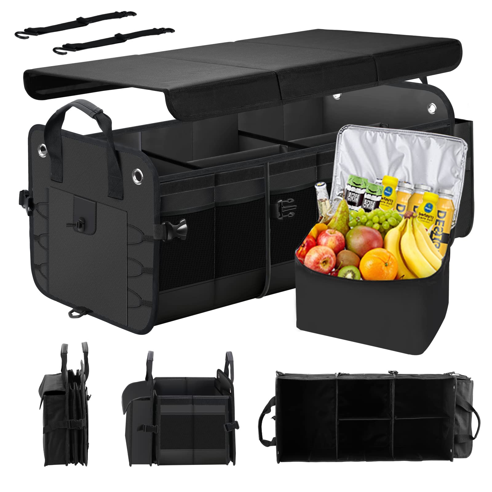 Extra Large Black Waterproof SUV Car Trunk Organizer with Cooler - Collapsible Multi-Compartment Storage for Groceries, Travel & Road Trips | Perfect for Camping, Picnics & Family Outings