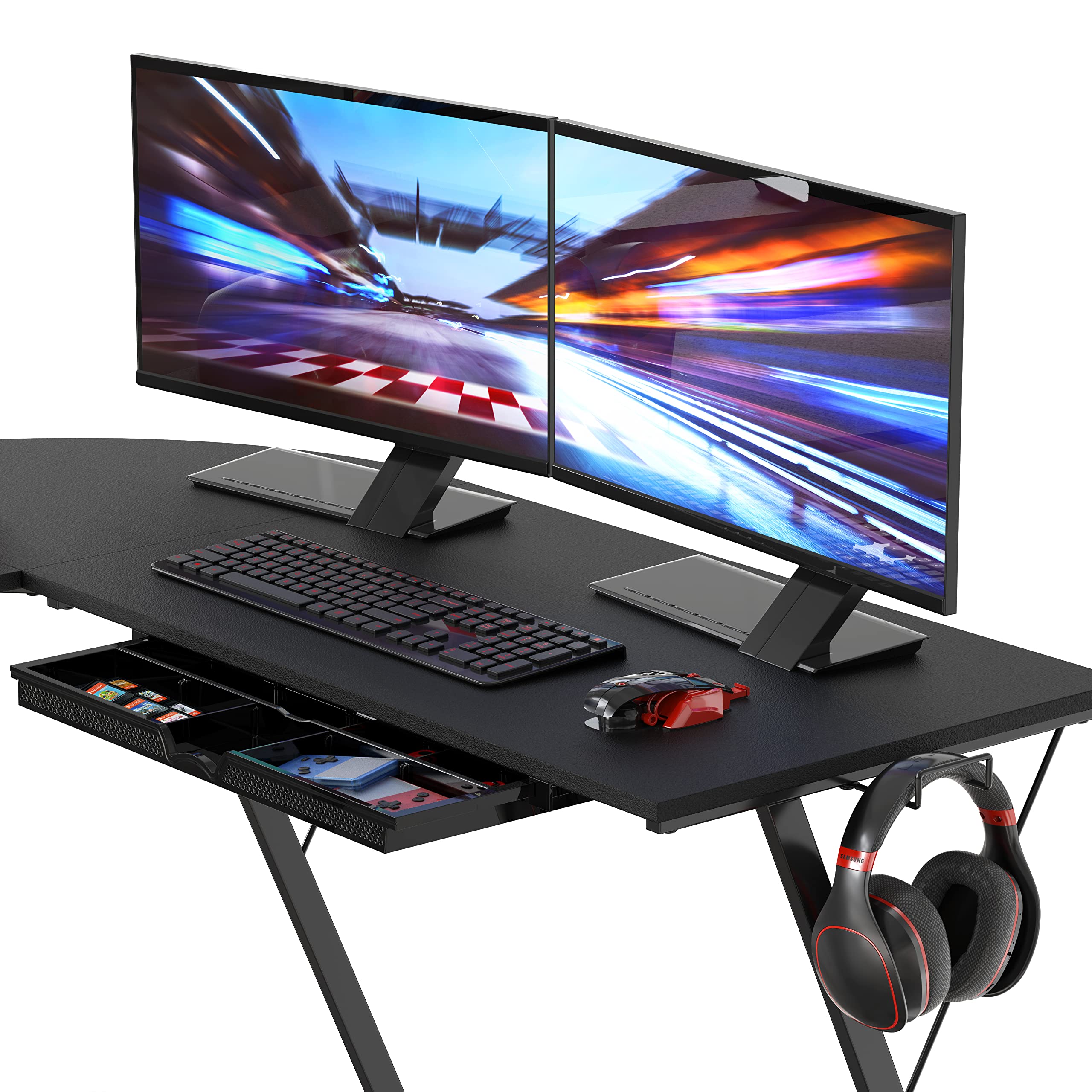SHW Vista L-Shape Computer Desk with Monitor Stand - Black Home Office Desk for Gaming & Work, Ergonomic Study Desk for Small Spaces, Perfect for PC Setup & Remote Work