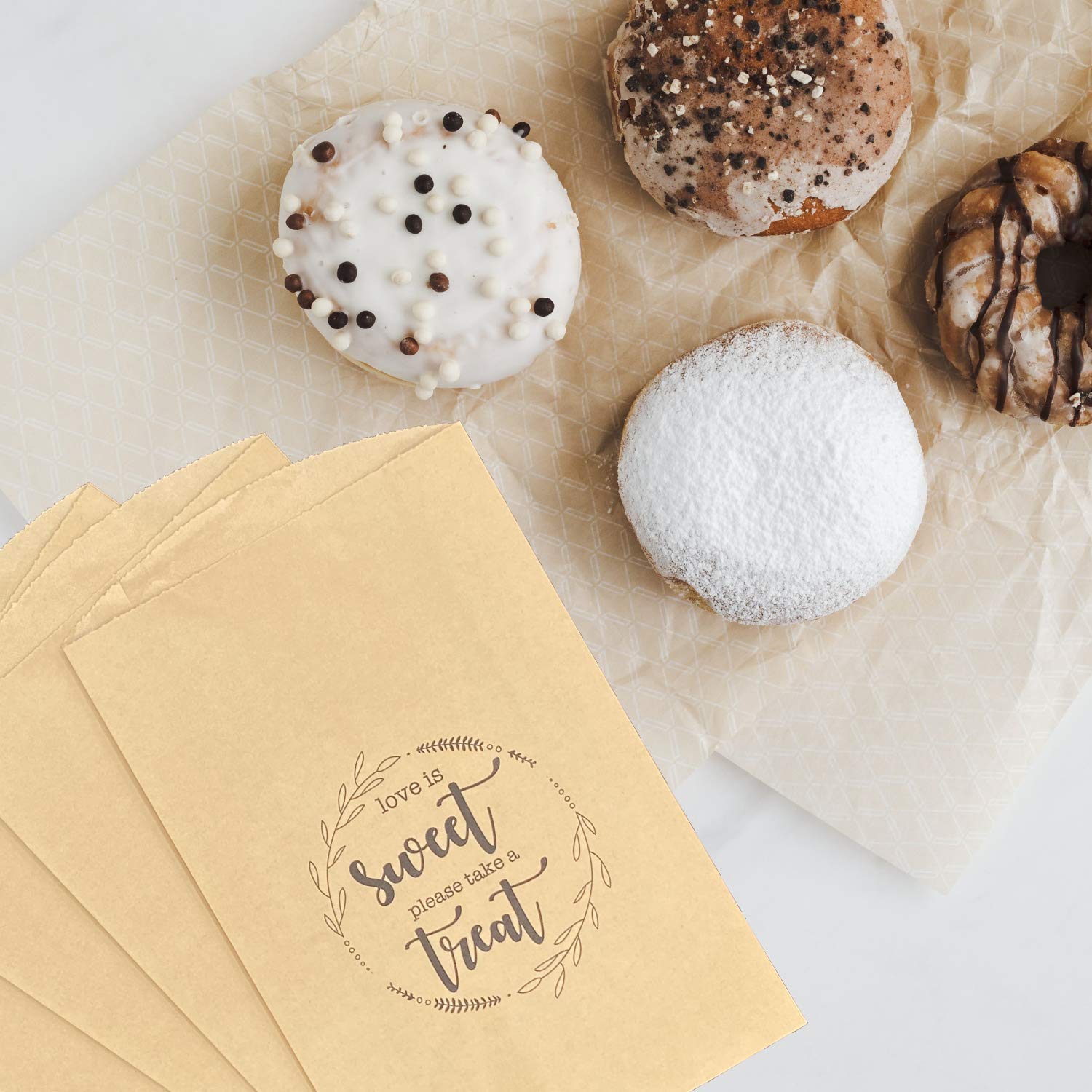 100 Earth Day Donut Favor Bags - Expandable Kraft Wedding & Party Treat Bags for Cookies, Candy - Grease Resistant Food Safe & Recyclable - Perfect for Birthday Parties, Baby Showers & Wedding Favors