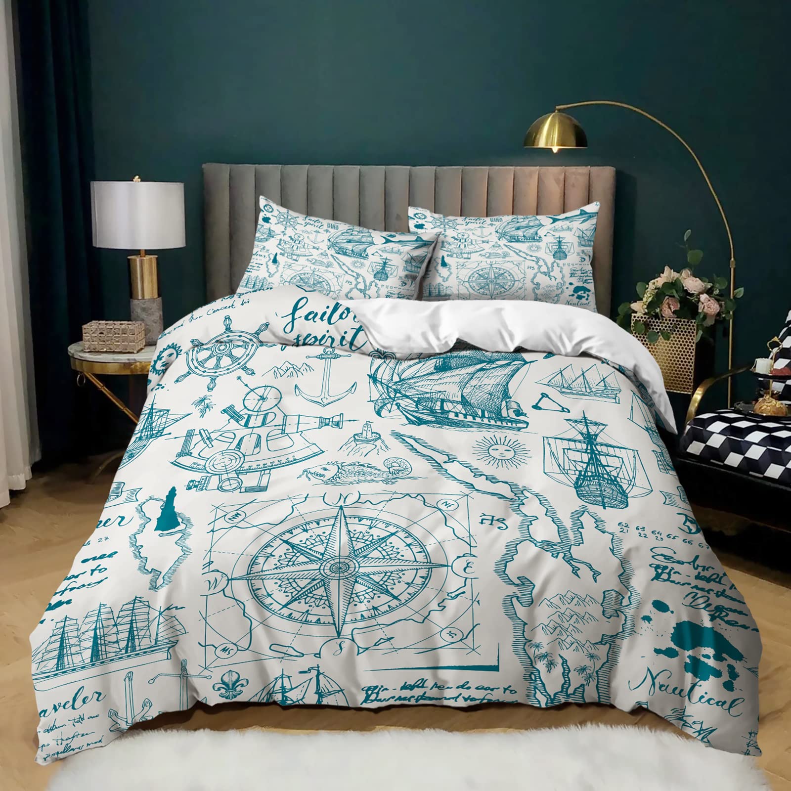 AILONEN Nautical Anchor Duvet Cover Twin Size - Ocean Theme Bedding Set for Boys, Girls & Kids | Sea World Comforter Cover with 15 Pillow Shams & Zipper Closure | Perfect for Kids' Bedroom, Beach House Decor & Themed Nursery