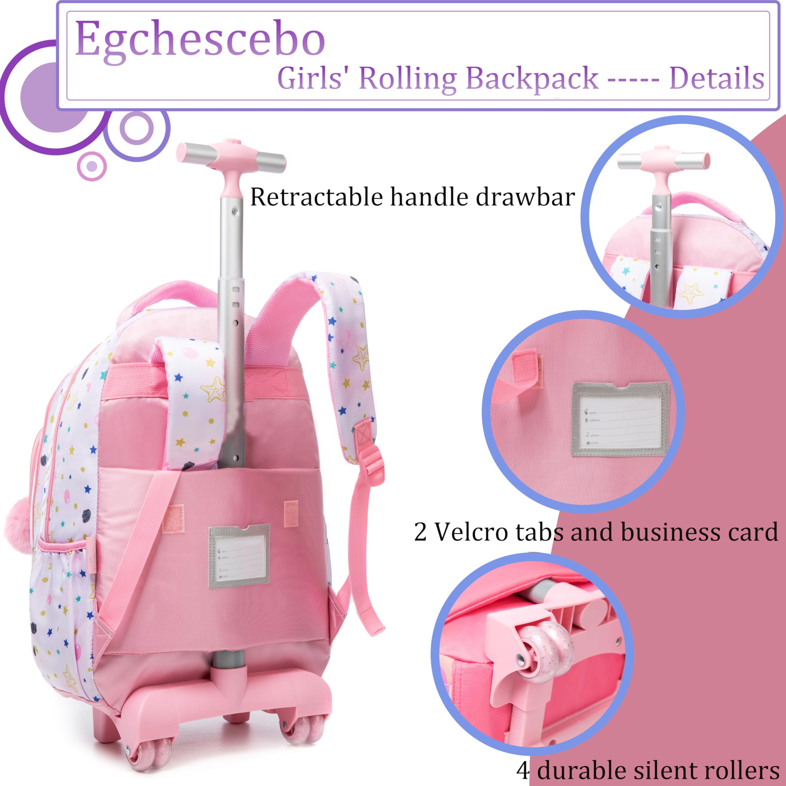 Egchescebo Mermaid Rolling Backpack for Girls - Pink Wheeled School Backpack with Lunch Box & Pencil Case, Multiple Compartment Travel Luggage for Elementary Students - Perfect for School, Travel, and Daily Use