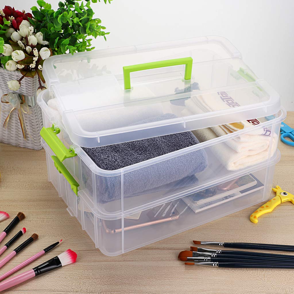 BTSKY 2-Tier Stackable Plastic Storage Box with Handle - Portable Organizer for Stationery, Craft Supplies, Jewelry & Beauty Accessories - Perfect for Home, Office & Travel Organization (Green)