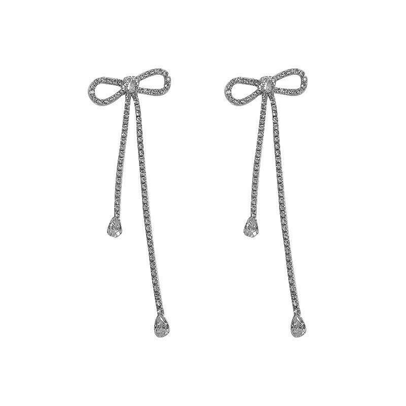 Elegant Silver Needle Long Bow Tie Stud Earrings for Women - Sparkling Full Jeweled Design - Perfect for Parties, Weddings & Special Occasions