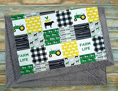 Green Tractor Minky Blanket - Soft Farm Themed Baby Blanket with Faux Quilt Design - Perfect for Nursery, Toddler Bedding & Cozy Farmhouse Decor