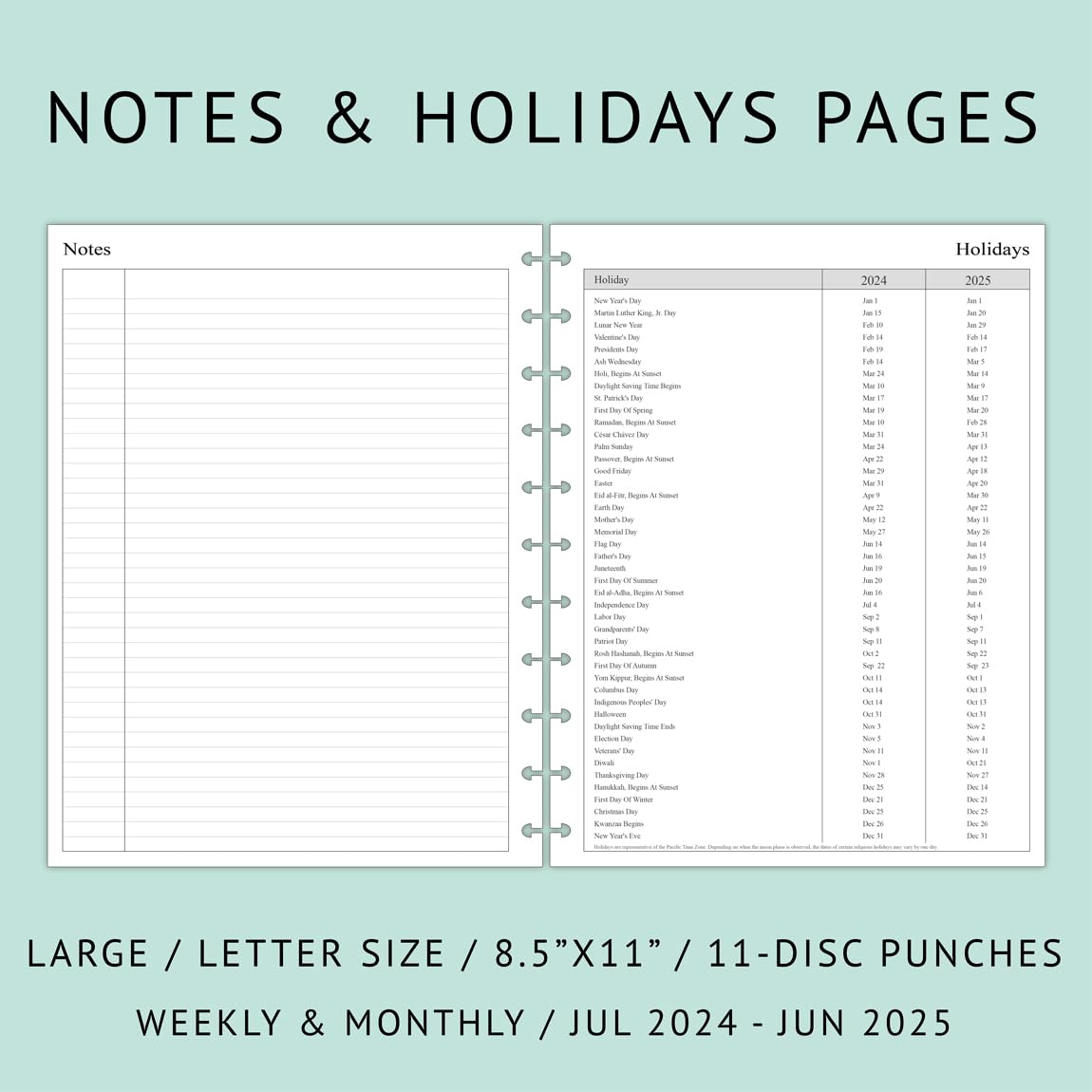 Newestor 2024-2025 Weekly & Monthly Discbound Planner Refills - July 2024 to June 2025 Calendar with 11-Disc Punch Holes - Letter Size 8.5