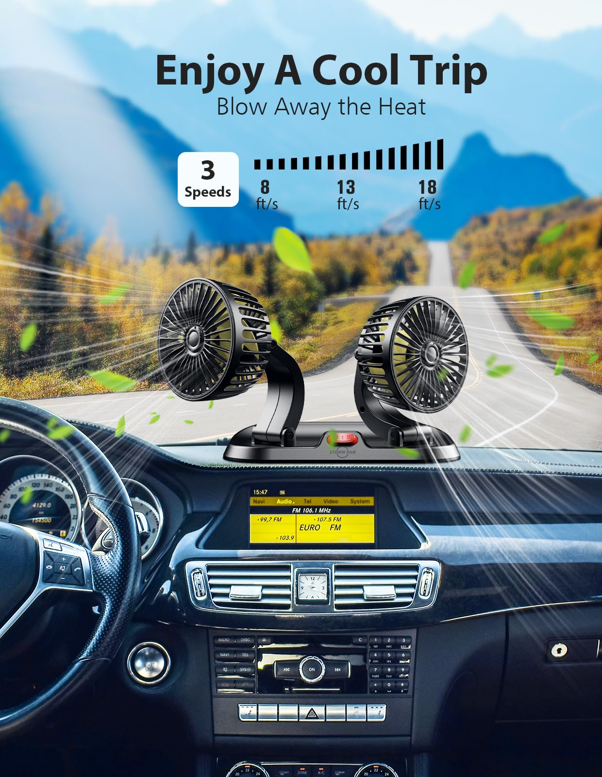 12V Dual Head USB Car Fan - Portable Brushless Cooling Fan for Vehicles with 3 Speeds & 360° Rotation - 2024 Upgraded for SUV, RV, Truck, Sedan, Cruise - Perfect for Road Trips, Camping & Hot Weather Driving (Cigarette Lighter Powered)