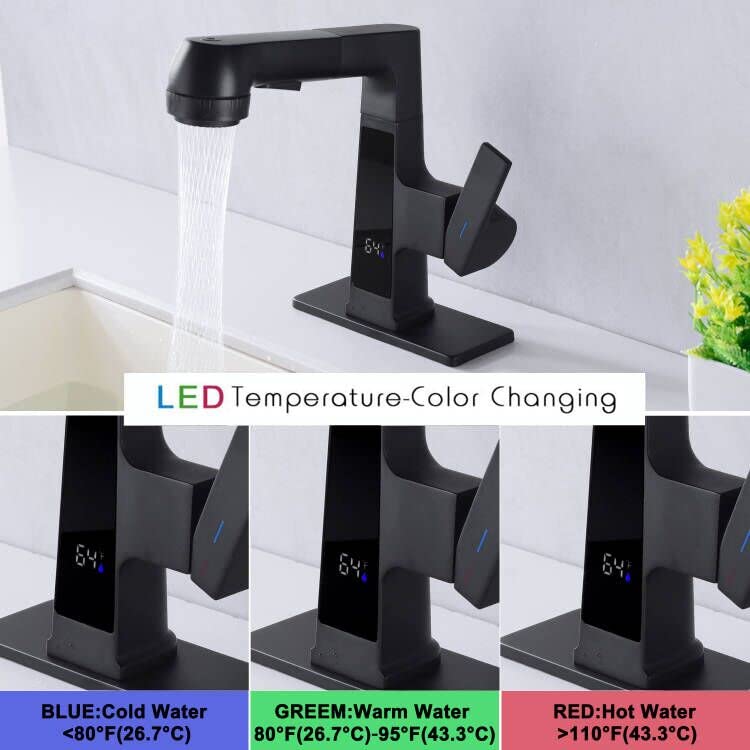 Digital Display Matte Black LED Bathroom Faucet with Pull-Out Sprayer - 5 Flow Modes for Modern Sinks