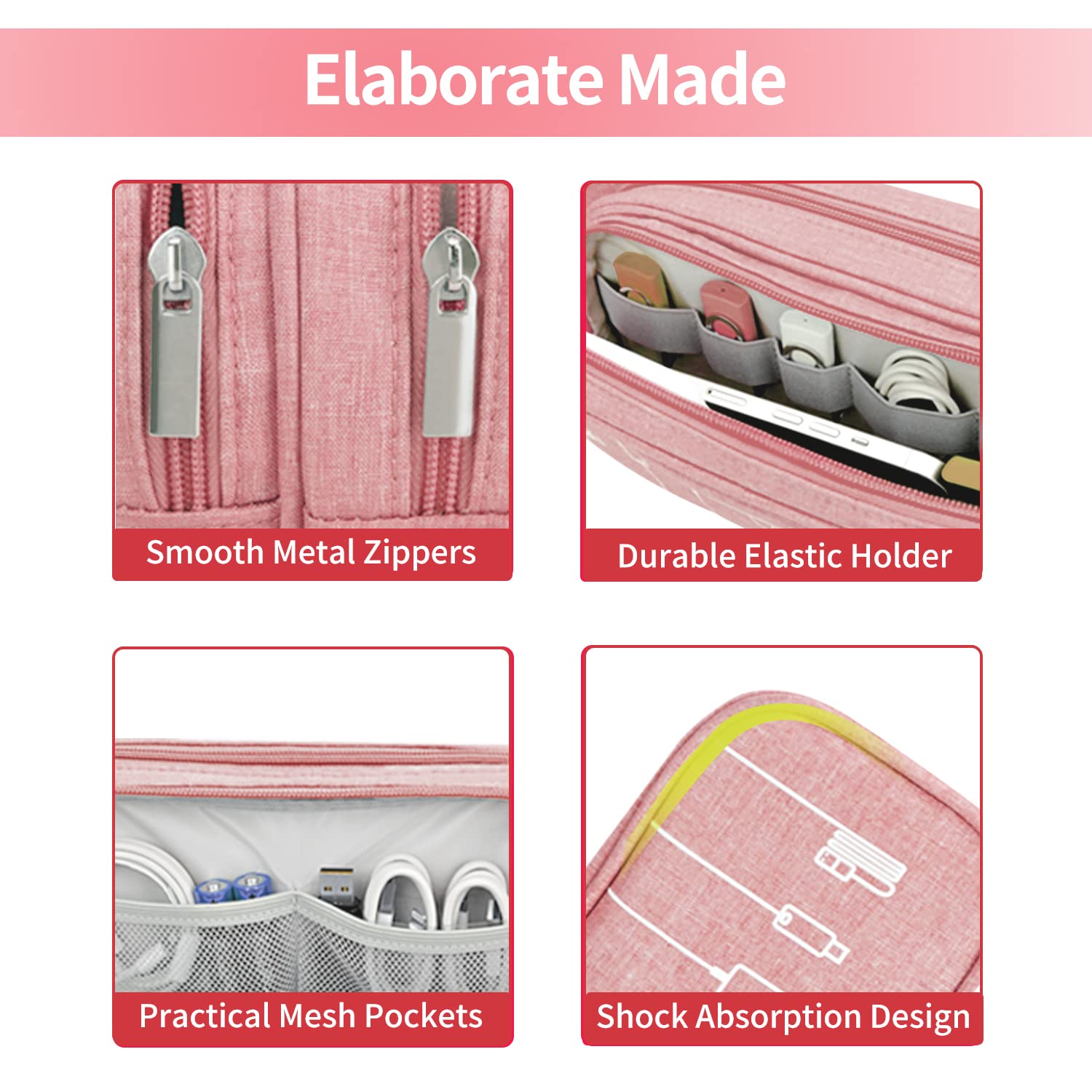 HESTECH Waterproof Electronics Organizer Bag - Pink Medium Double Layer Travel Charger Case for Phone, Mouse, Earbuds, USB Drive - Perfect for Office, Travel & Daily Storage Needs