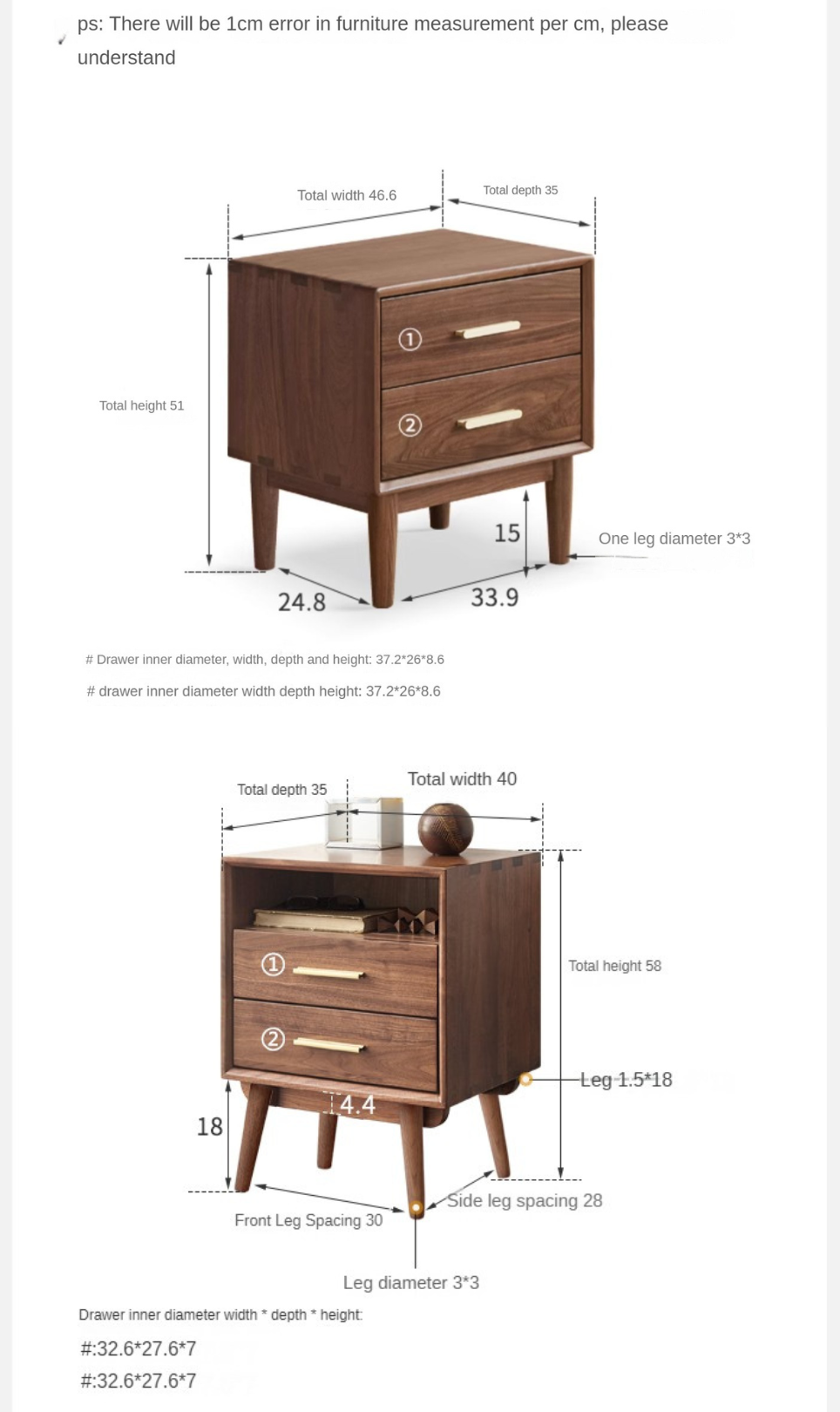 Solid Black Walnut Wood Nightstand - Bedside Table with Drawer for Bedroom Furniture, Modern Home Decor & Storage Solution