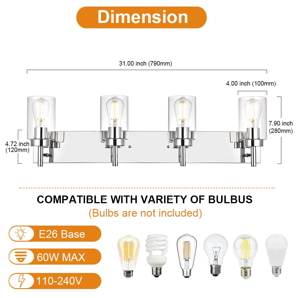 Modern Bathroom Lighting Fixture - 4-Light Vanity Light with Clear Glass Shade, Chrome Finish Industrial Wall Sconce for Bedroom & Hallway (Patent No. US D958,438 S) - Perfect for Contemporary Home Decor, Spa-Like Bathrooms and Elegant Entryways