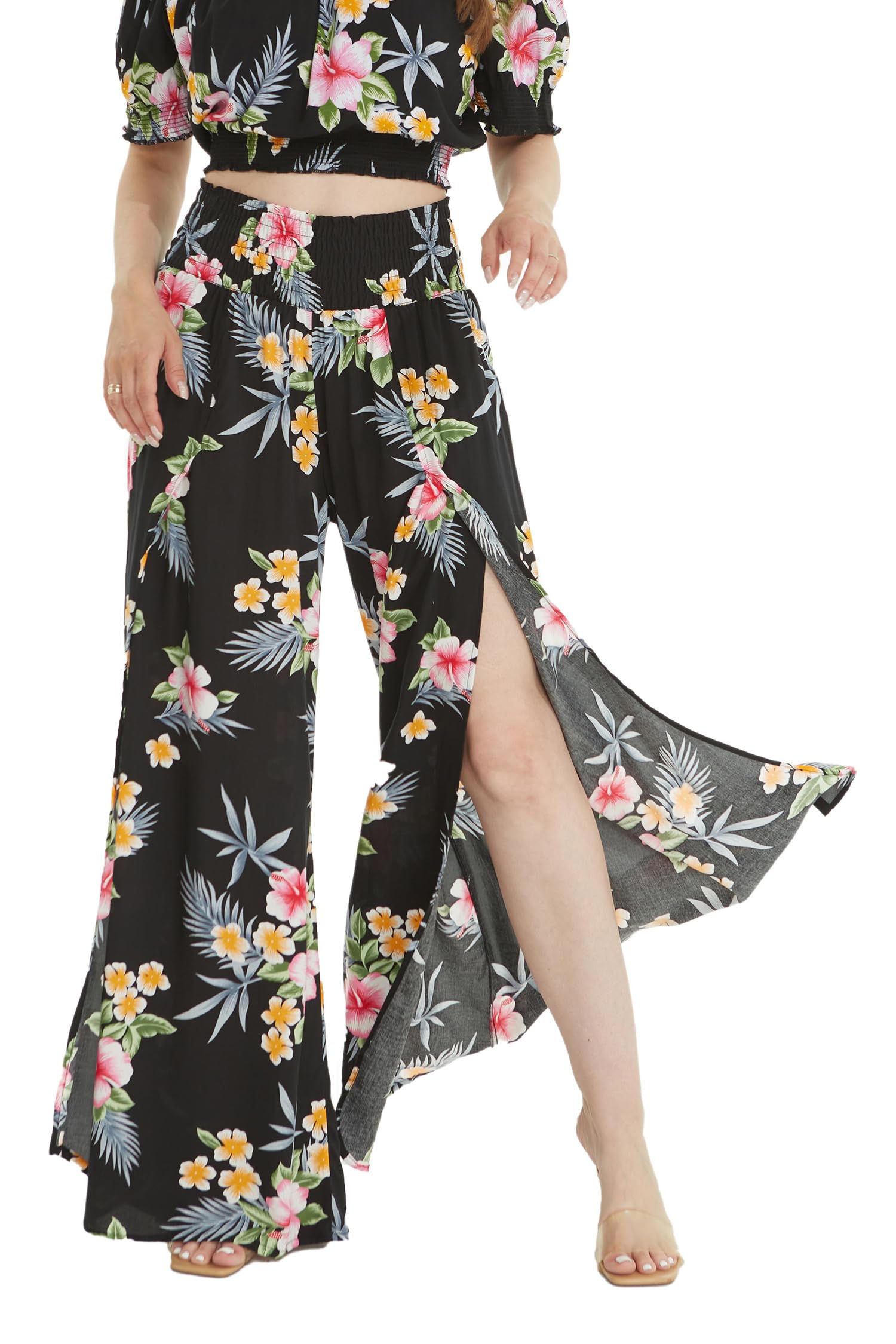Hawaiian Luau Outfits for Women & Girls - Matching Mother Daughter Wide Leg Pants & Ruffled Round Neck Dress in Pink Hibiscus Vine Print - Perfect for Beach Vacations, Summer Parties & Tropical Themed Events