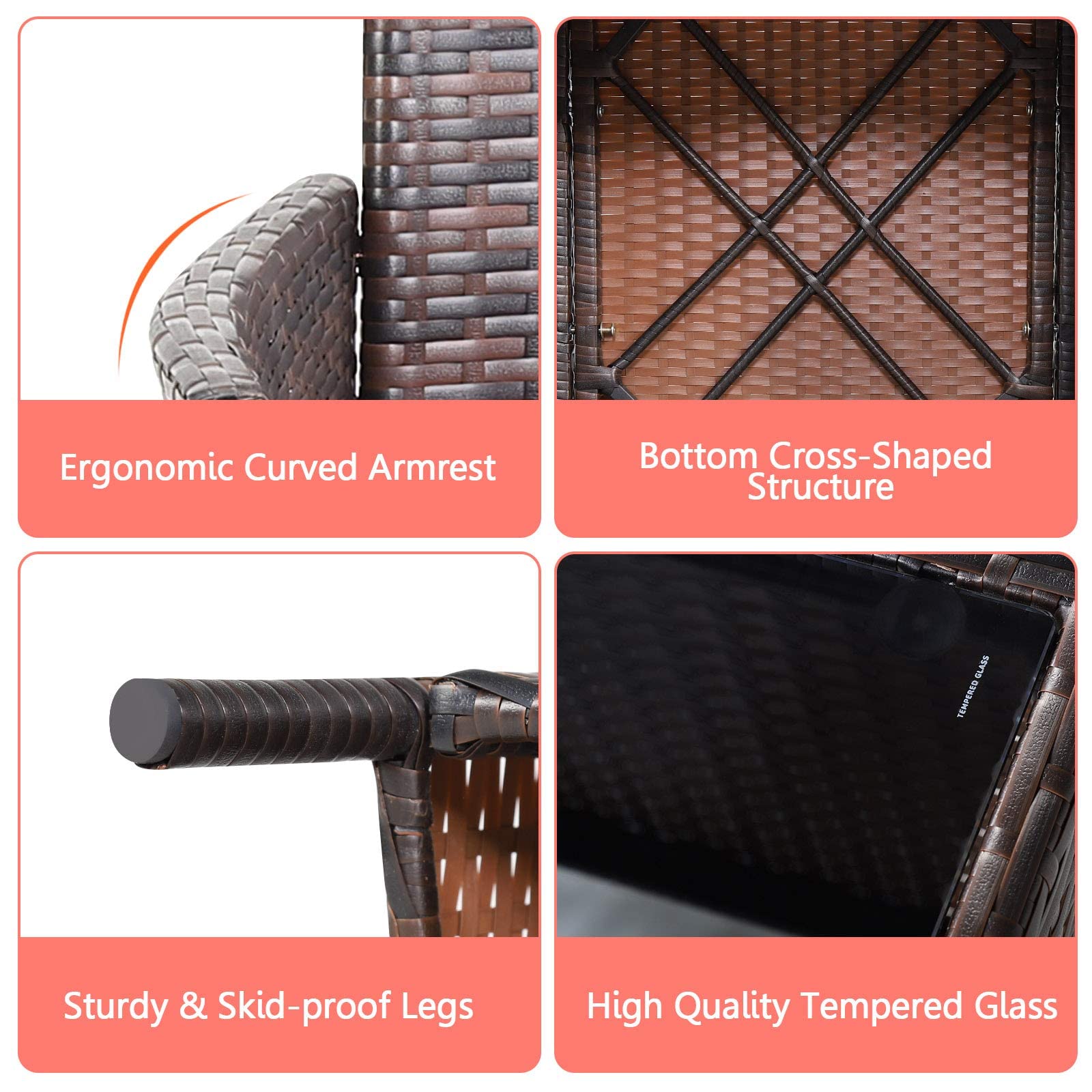 HappyGrill 3-Piece Patio Furniture Set - Wicker Bistro Set with Glass Coffee Table & Cushions, Outdoor Rattan Conversation Set for Garden, Lawn, Poolside, Backyard | Perfect for Relaxing, Entertaining & Outdoor Dining