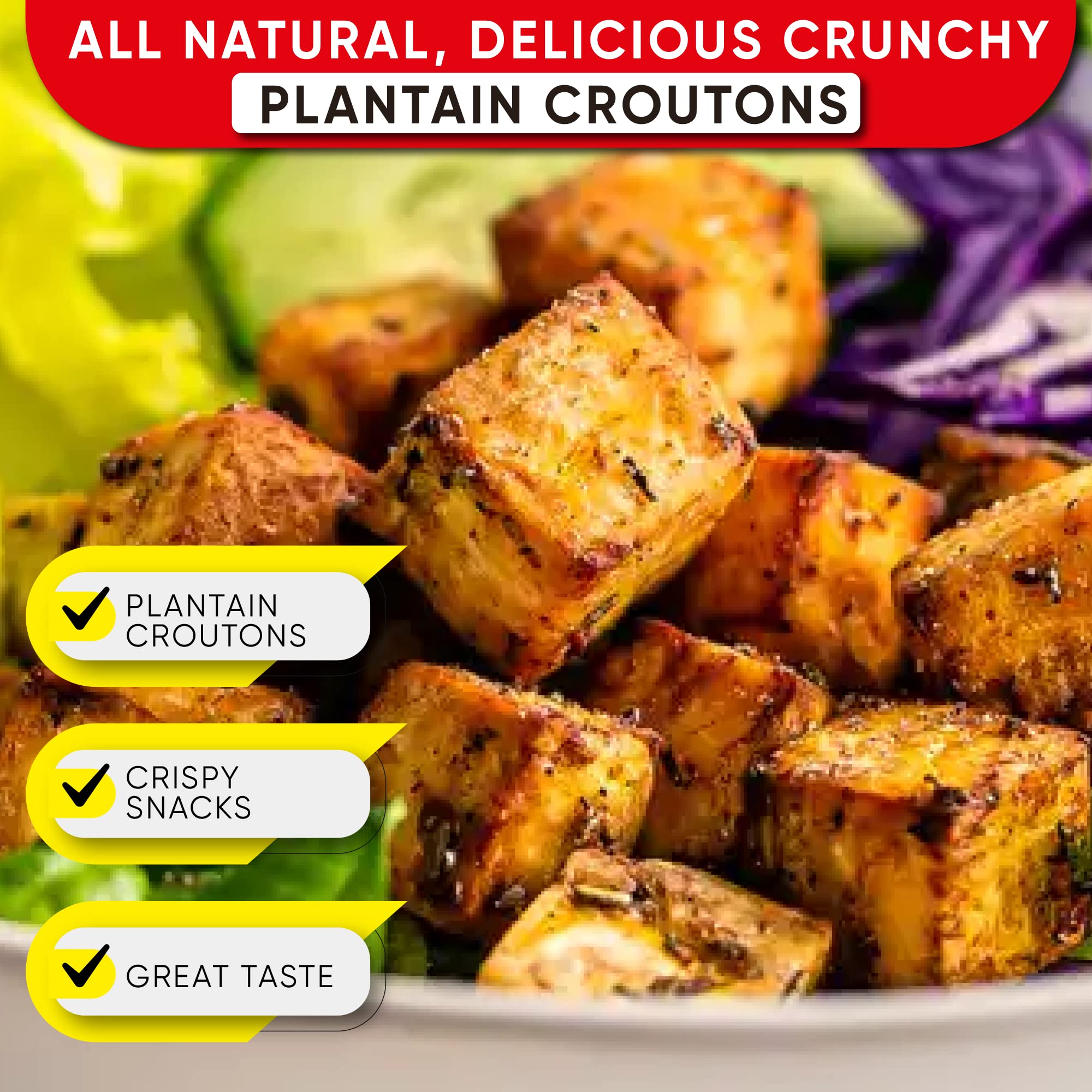 TropicMax Organic Sea Salt Plantain Croutons Chips - Gluten-Free, Vegan, Non-GMO, Kosher Certified Healthy Snacks - Kettle Cooked Green Plantain Chips in Individual Bags (3 Packs) - Perfect for Lunchboxes, Office Snacks, and Keto Diet