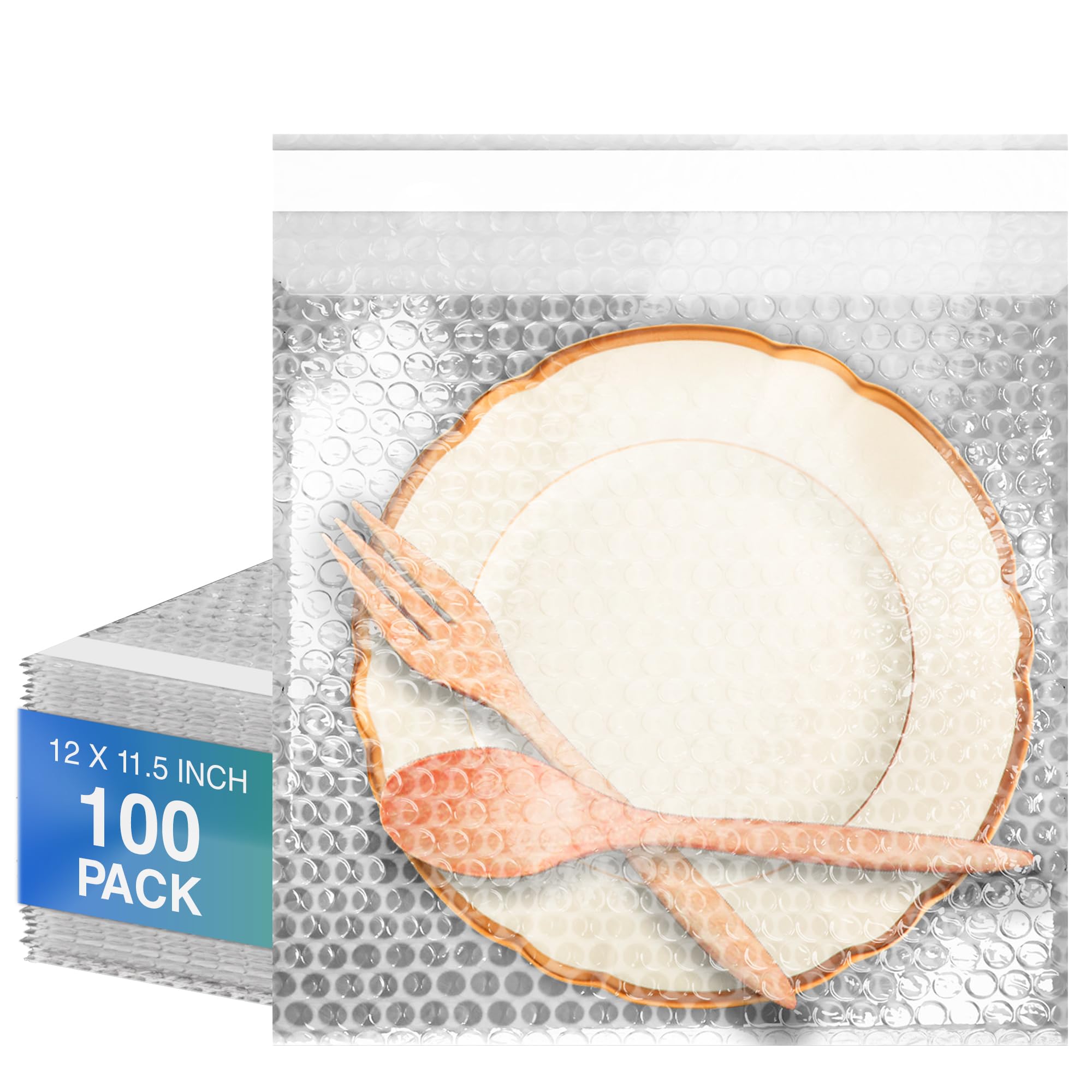 12 x 11.5 Inches Clear Self Seal Bubble Bags - 100 Pack Waterproof Polyethylene Shipping Pouches for Fragile Items Packaging | Perfect for Moving, Storage & Ecommerce Shipping Protection