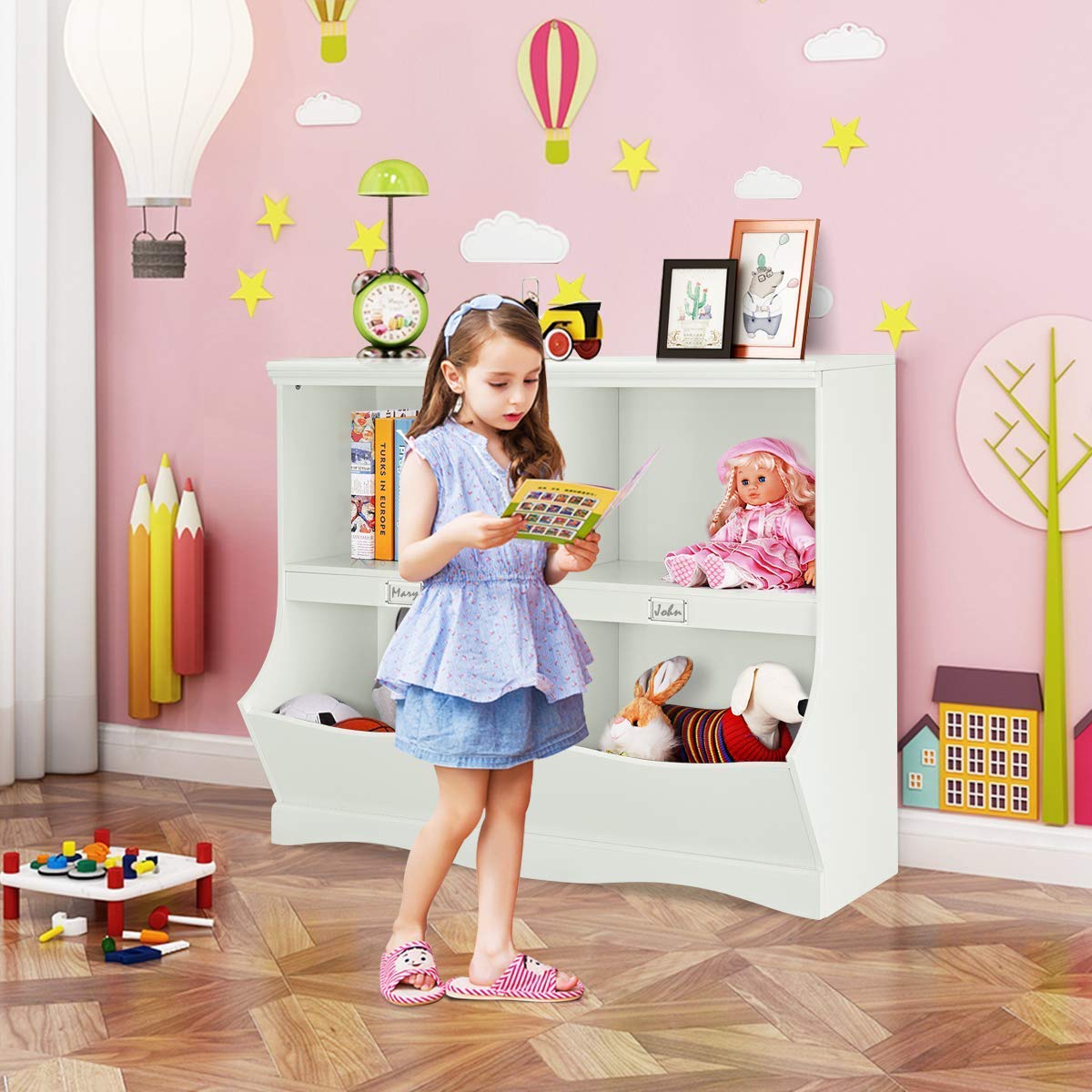 Multifunctional White Toy Storage Organizer with 2 Shelves & 4 Bins - Kids Cubby Cabinet for Nursery, Playroom, Bedroom - Perfect for Organizing Toys, Books, and Kids Supplies