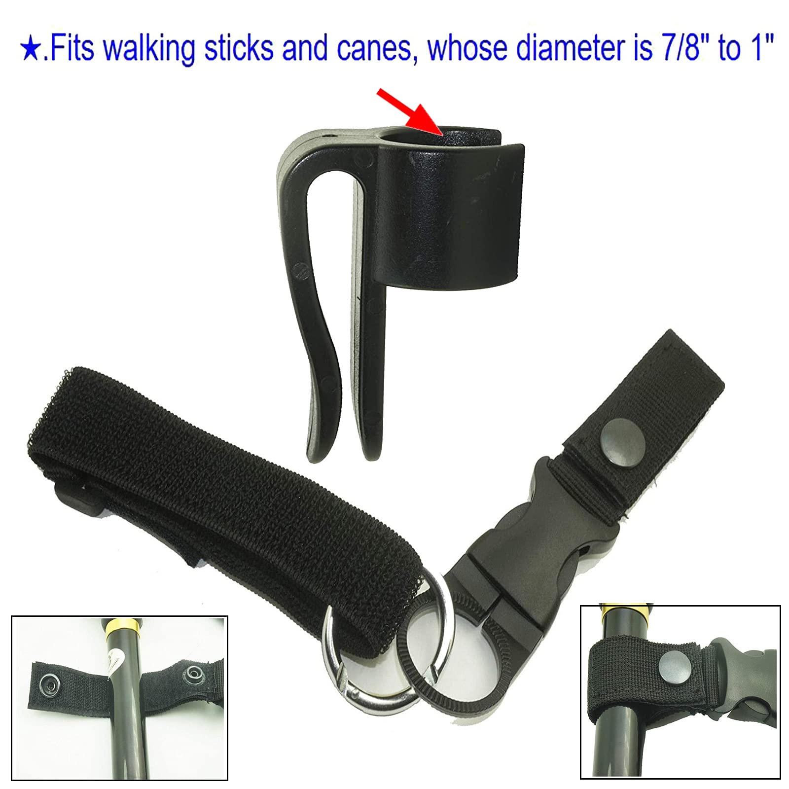 Adjustable Elastic Wrist Straps & Hands-Free Walking Cane Holder - Secure Attachment to Belt or Waistband (Fits 7/8