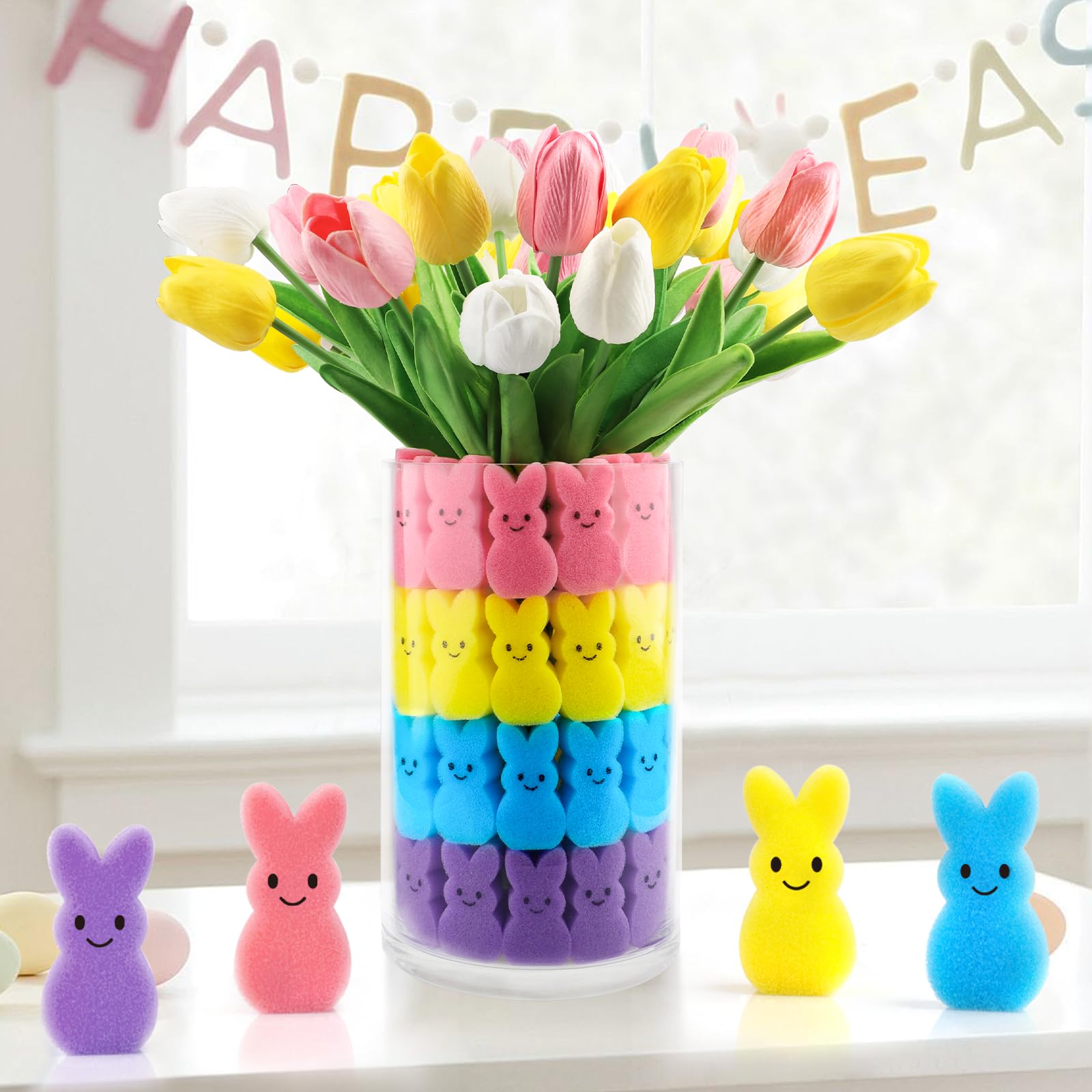 15pcs Artificial Tulips with 48pcs Bunnies Easter Vase Filler - Spring Home Decor for Tables, Indoor Centerpieces | Perfect for Easter Celebrations, Spring Parties & Home Styling