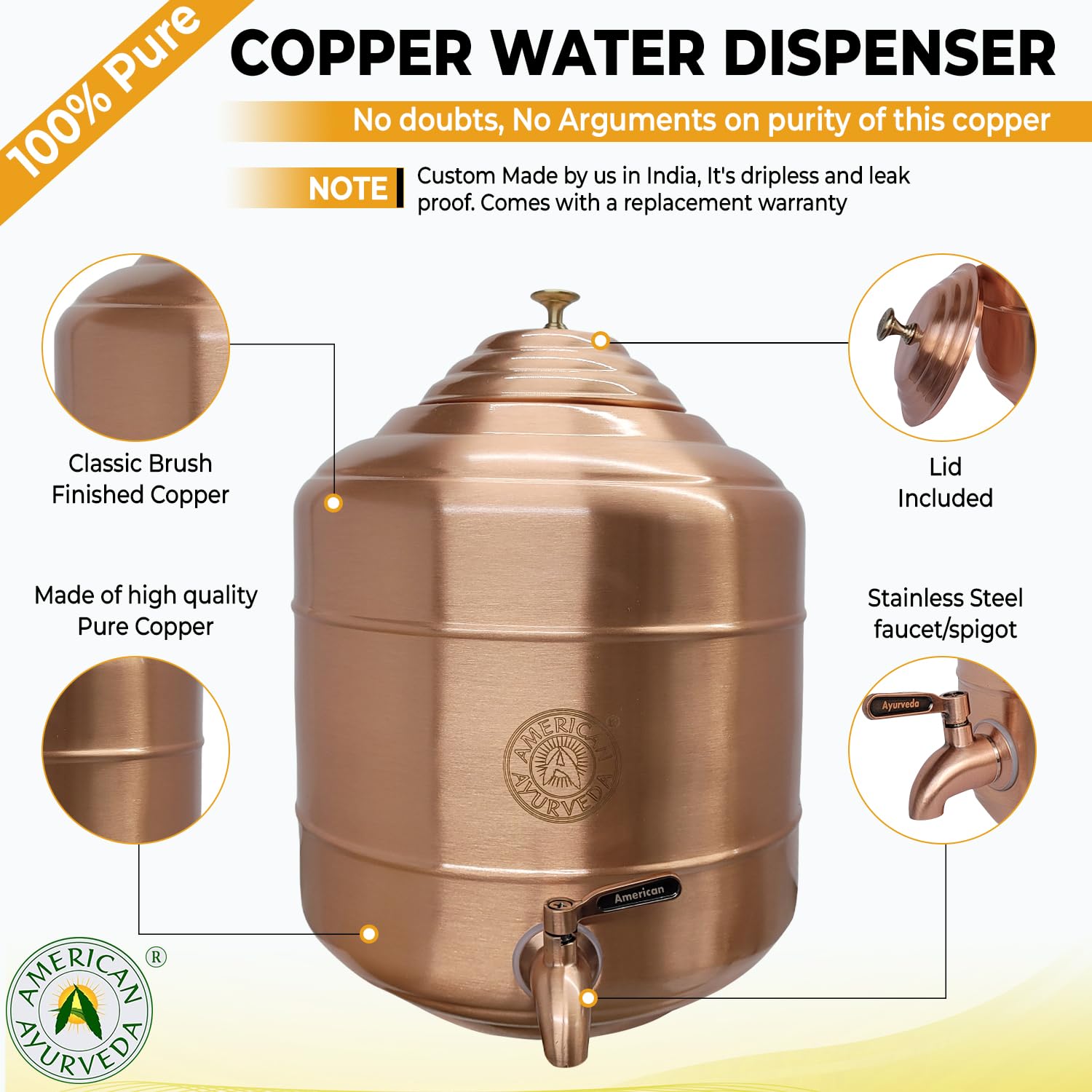 100% Pure Copper Water Dispenser Storage Tank with Stainless Steel Faucet & Lid - 3.17 Gallon (12L) Healthy Organic Water Container for Yoga, Meditation & Home Wellness