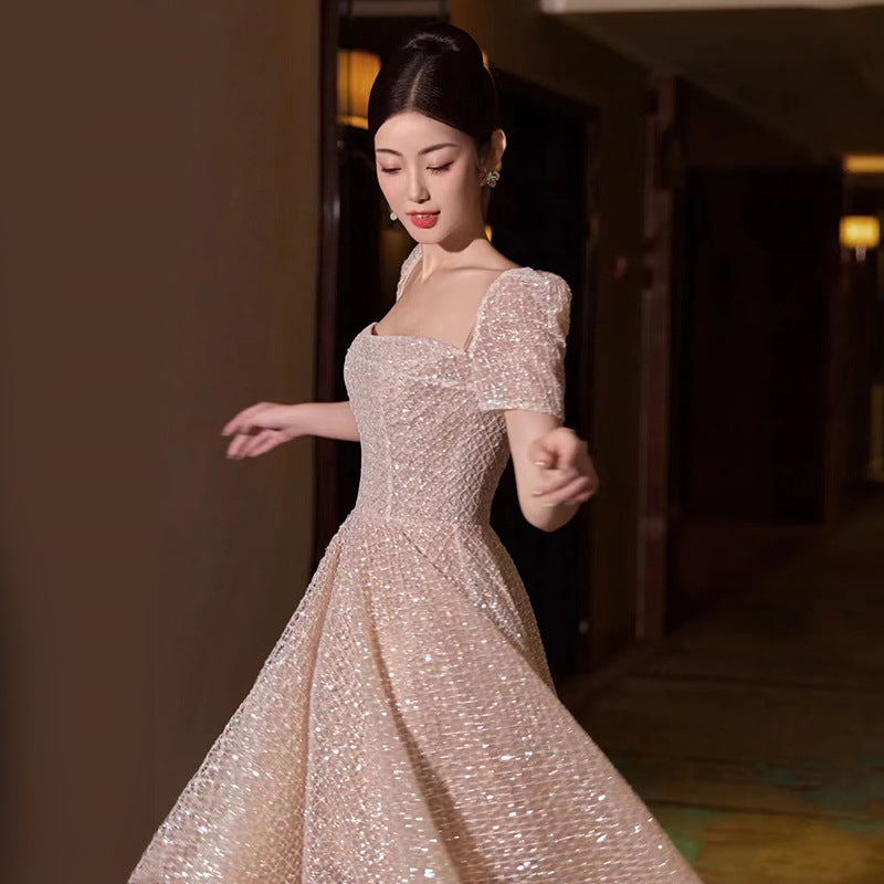Elegant French Short Sleeve Long Prom Dress with Sparkles - Perfect for Evening Parties, Formal Events & Special Occasions - Size 36