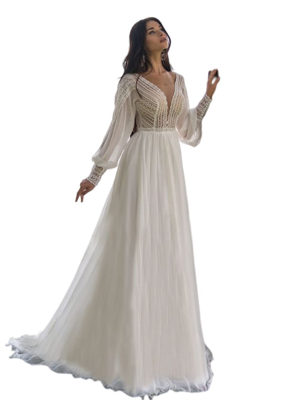 Boho Wedding Dress V-Neck Long Sleeve Macrame Lace Bridal Gown for Beach, Garden & Outdoor Ceremonies - Elegant Bohemian Style Wedding Dress
