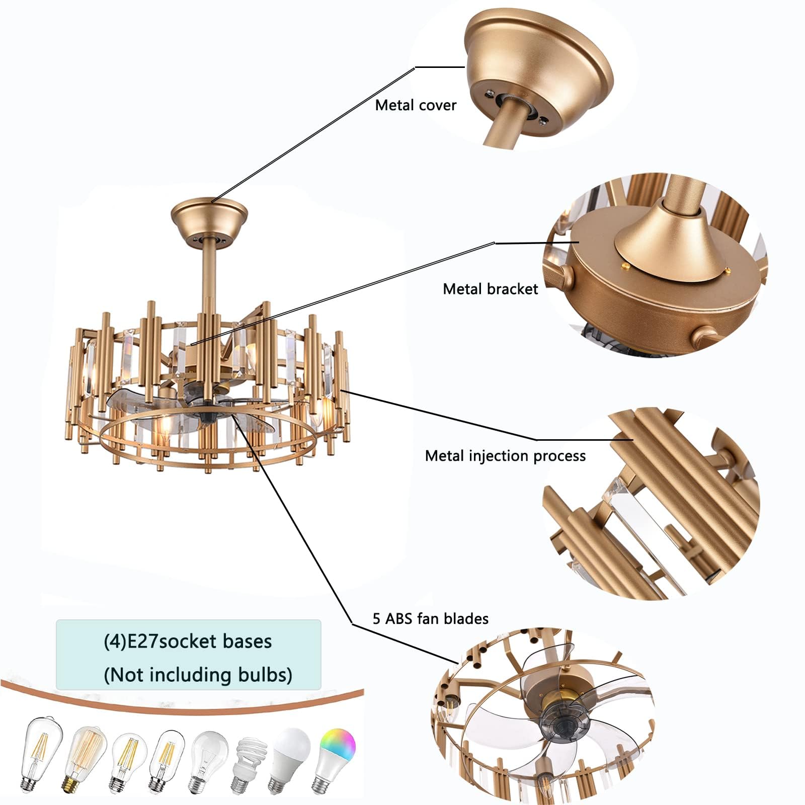 Bladeless Ceiling Fan with Light - 3 Speed Adjustable, Remote Control, Low Profile Industrial Fan for Living Room, Bedroom, Kitchen - Enclosed Safe Design with 4 E27 Bases (Bulbs Not Included) | Perfect for Modern Homes, Offices, and Small Spaces