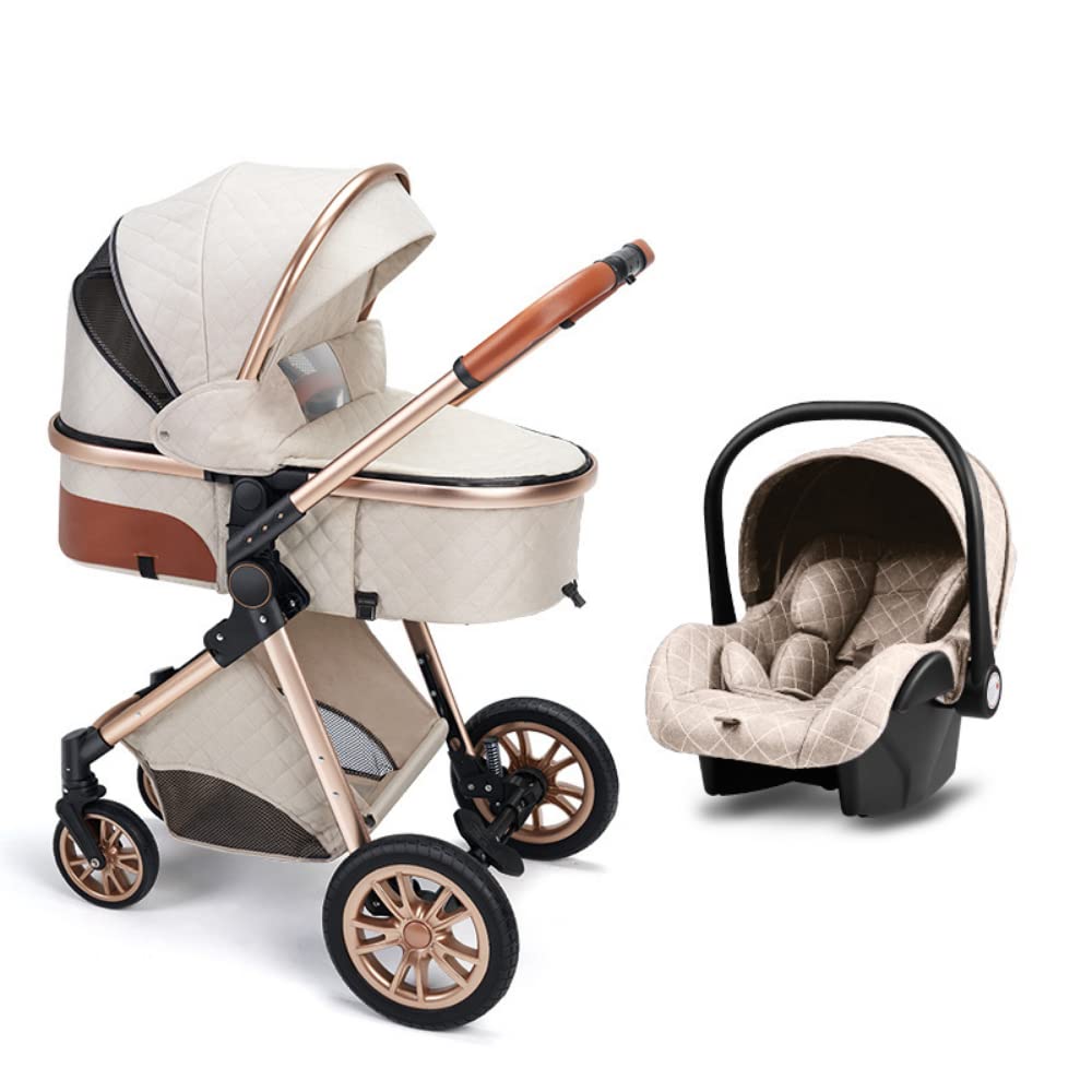 **Baby Stroller with Bassinet - Lightweight Folding Pram for Newborns, 4-Wheel Anti-Shock Design (Beige) | Perfect for Travel, Shopping & Outdoor Walks**