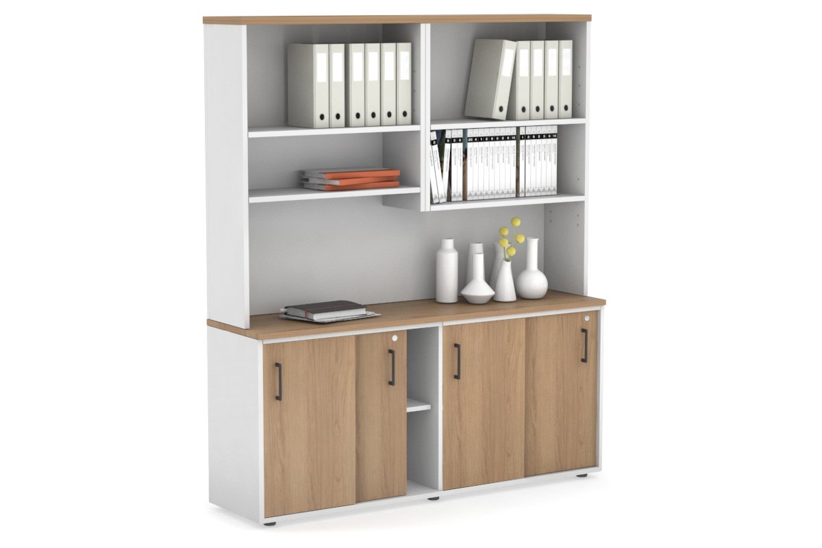 Modern White Sliding Door Credenza with Open Hutch - 1600W x 750H x 450D - Perfect for Home Office, Living Room & Bedroom Storage Organization