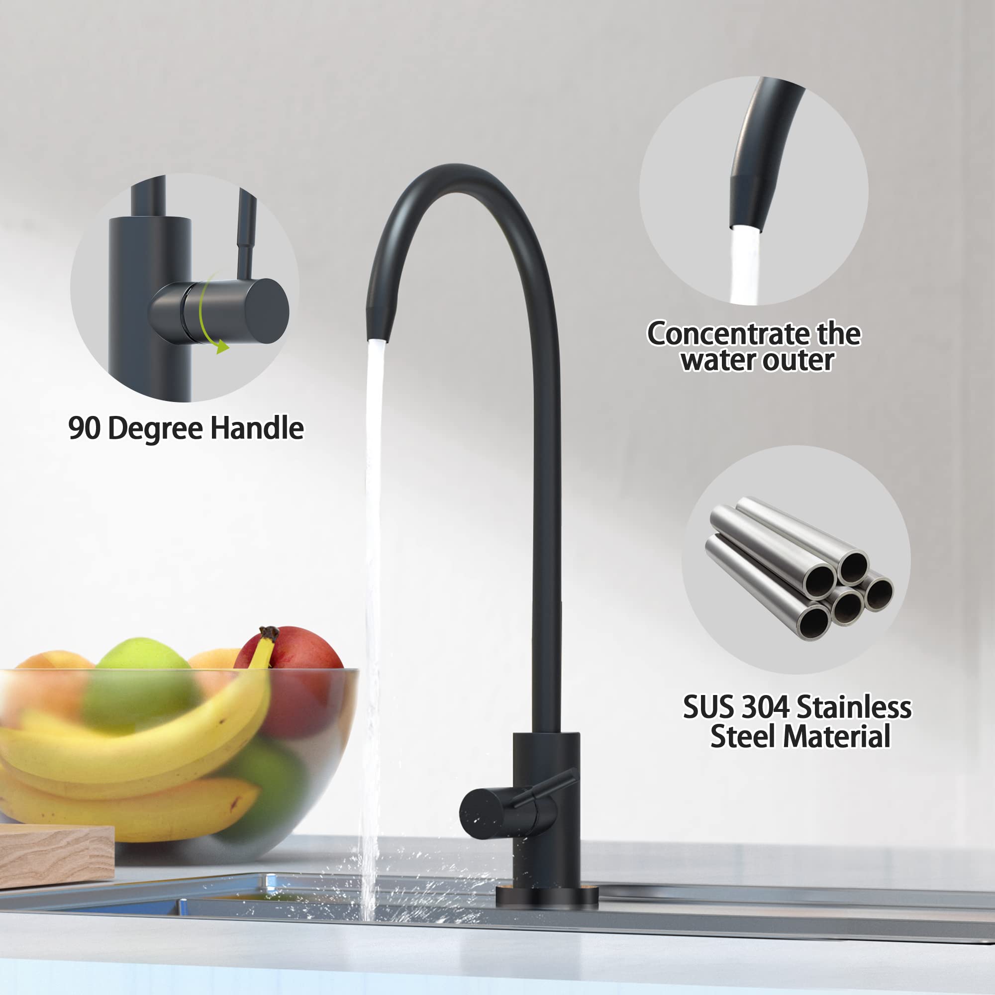 Premium Black Brushed SUS304 Stainless Steel Drinking Water Faucet - 1/4