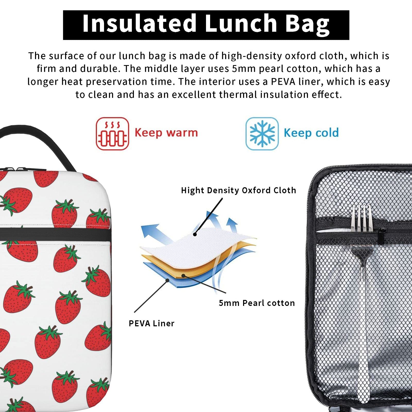 Insulated Lunch Bag for School & Work - Reusable Cooler Tote with Strawberry Design for Teens, Kids, Men & Women - Perfect for Picnics, Office Lunches & Outdoor Activities
