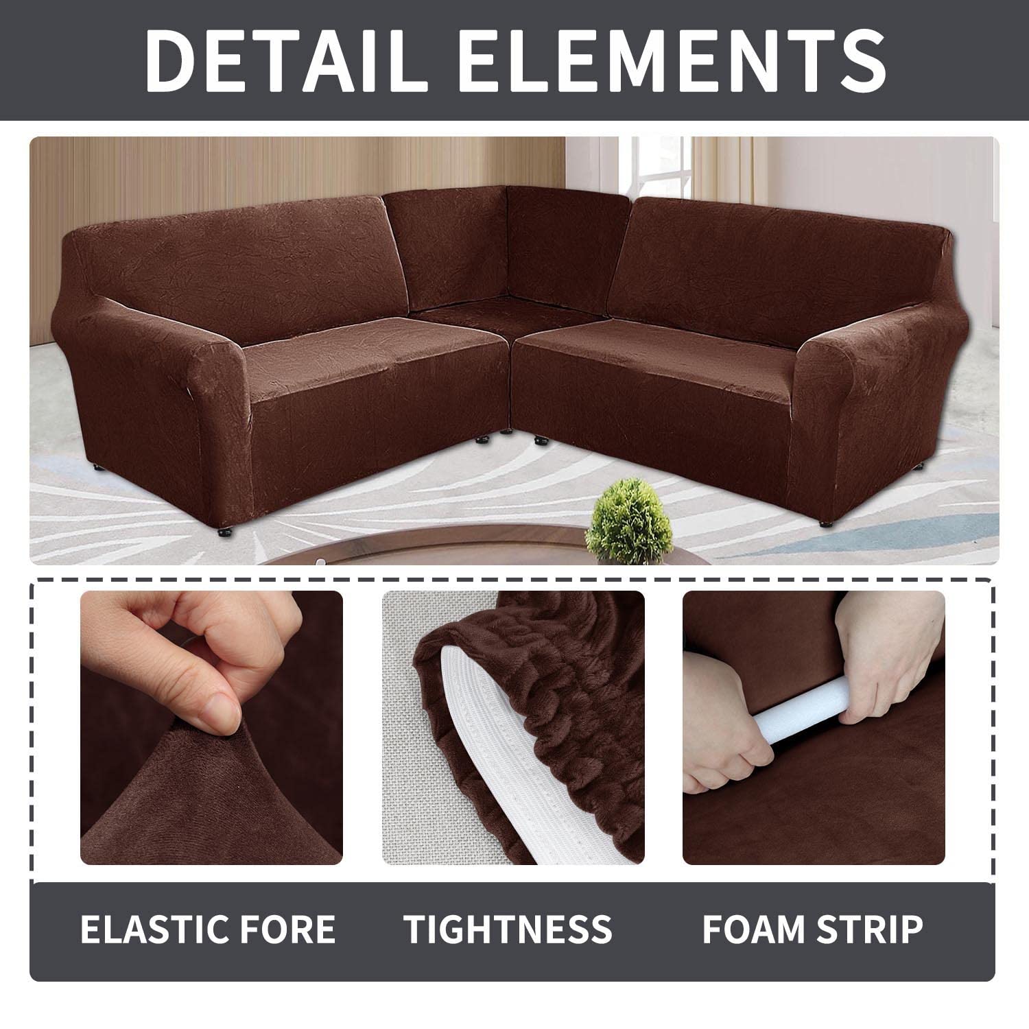 ELEOPTION 5-Piece L-Shaped Sofa Cover - Stretchable Velvet Sectional Couch Slipcover for Corner Couches, Soft Washable Furniture Protector in Brown - Perfect for Living Room, Family Room & Home Theater