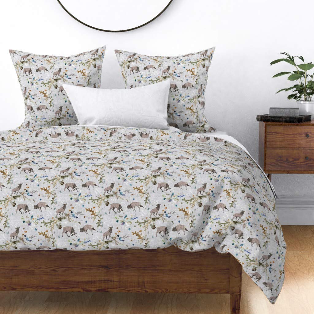 Premium Cotton Sateen Duvet Cover Full/Queen - Silver Woodland Forest Animal Print with Nordic Trees & Deer Stag Design | Nature-Inspired Gender Neutral Nursery Bedding | Perfect for Kids Rooms, Guest Bedrooms & Cozy Cabin Retreats