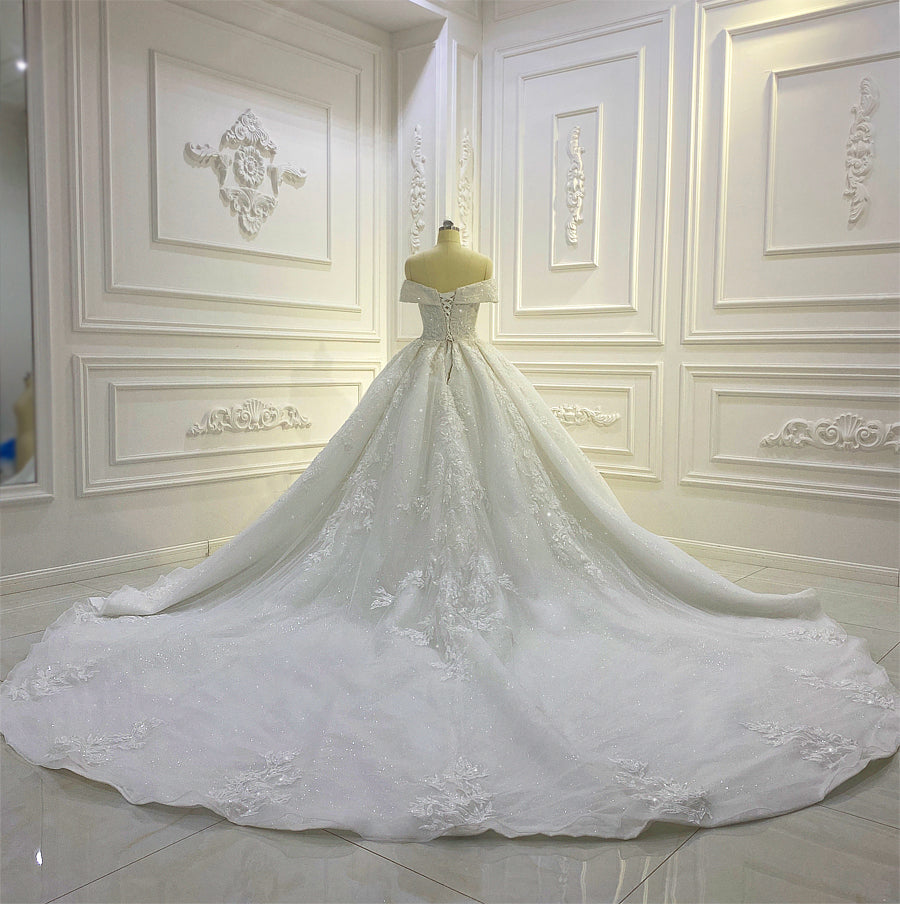 Custom Made Off-Shoulder Lace Applique Crystal Wedding Dress - Elegant Bridal Gown for Beach, Church & Formal Weddings