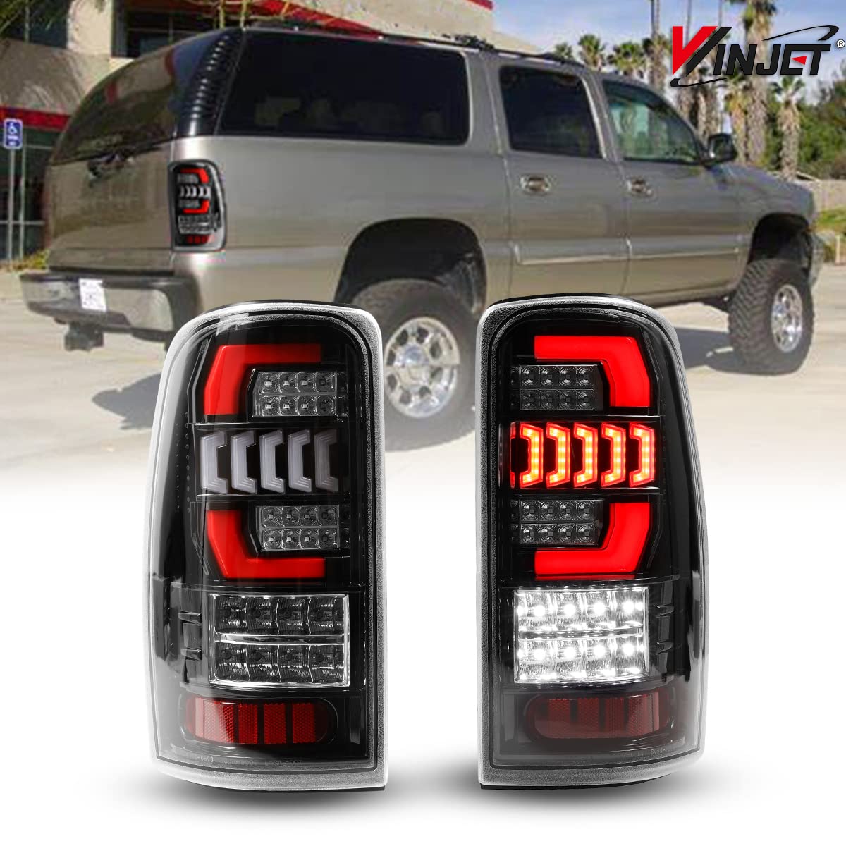 Winjet Full LED Taillights Assembly for 2000-2006 Chevy Suburban 1500/2500 & Tahoe | GMC Yukon Denali | LED DRL, Brake, Reverse & Turn Signals | Clear Lens Replacement Tail Lamp | Perfect for Night Driving & Off-Road Adventures