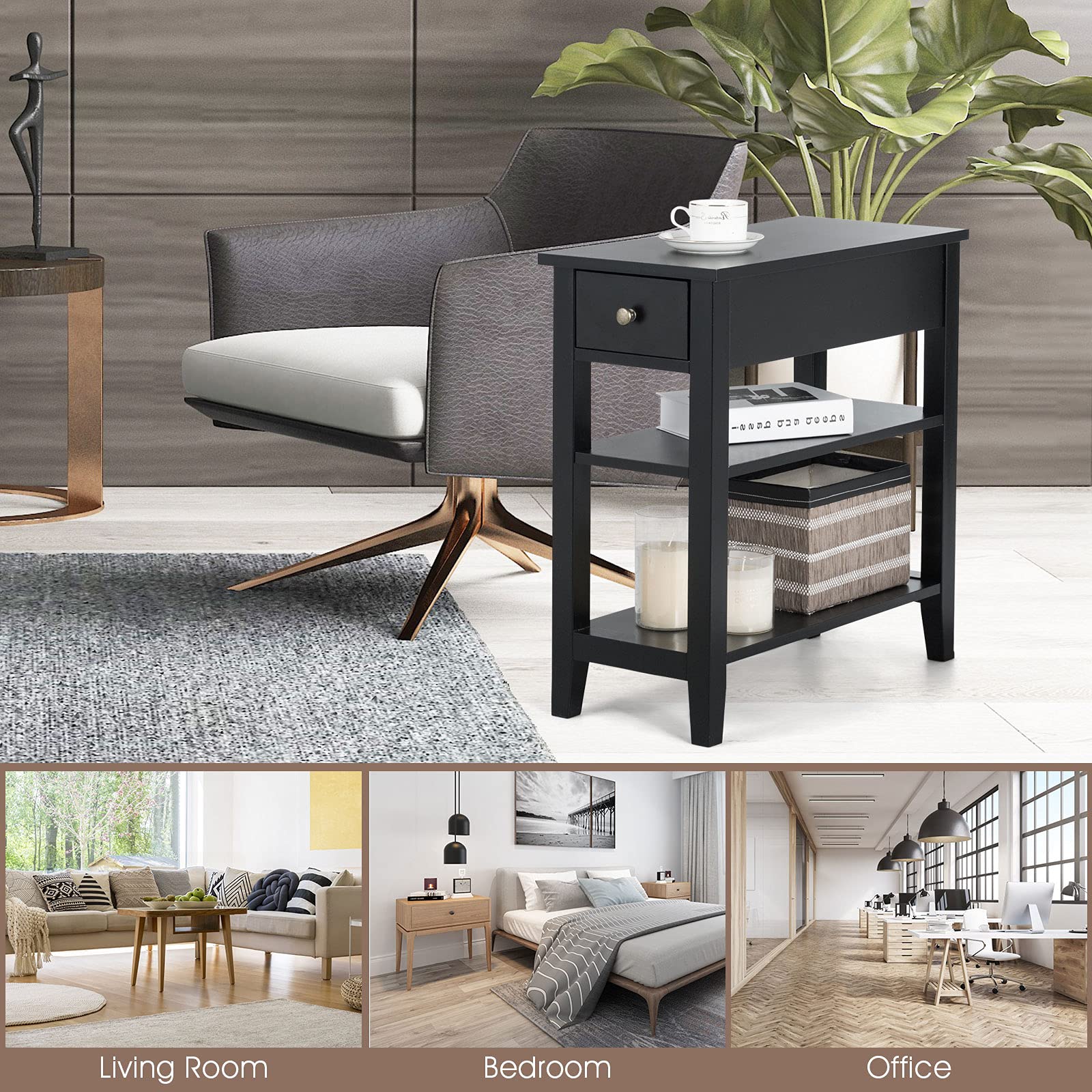 KOTEK 3-Tier Narrow End Table with Drawer & Open Shelf - Slim Nightstand for Bedroom, Living Room & Office - Modern Side Table with Storage (Black) - Perfect for Small Spaces, Apartments & Dorm Rooms