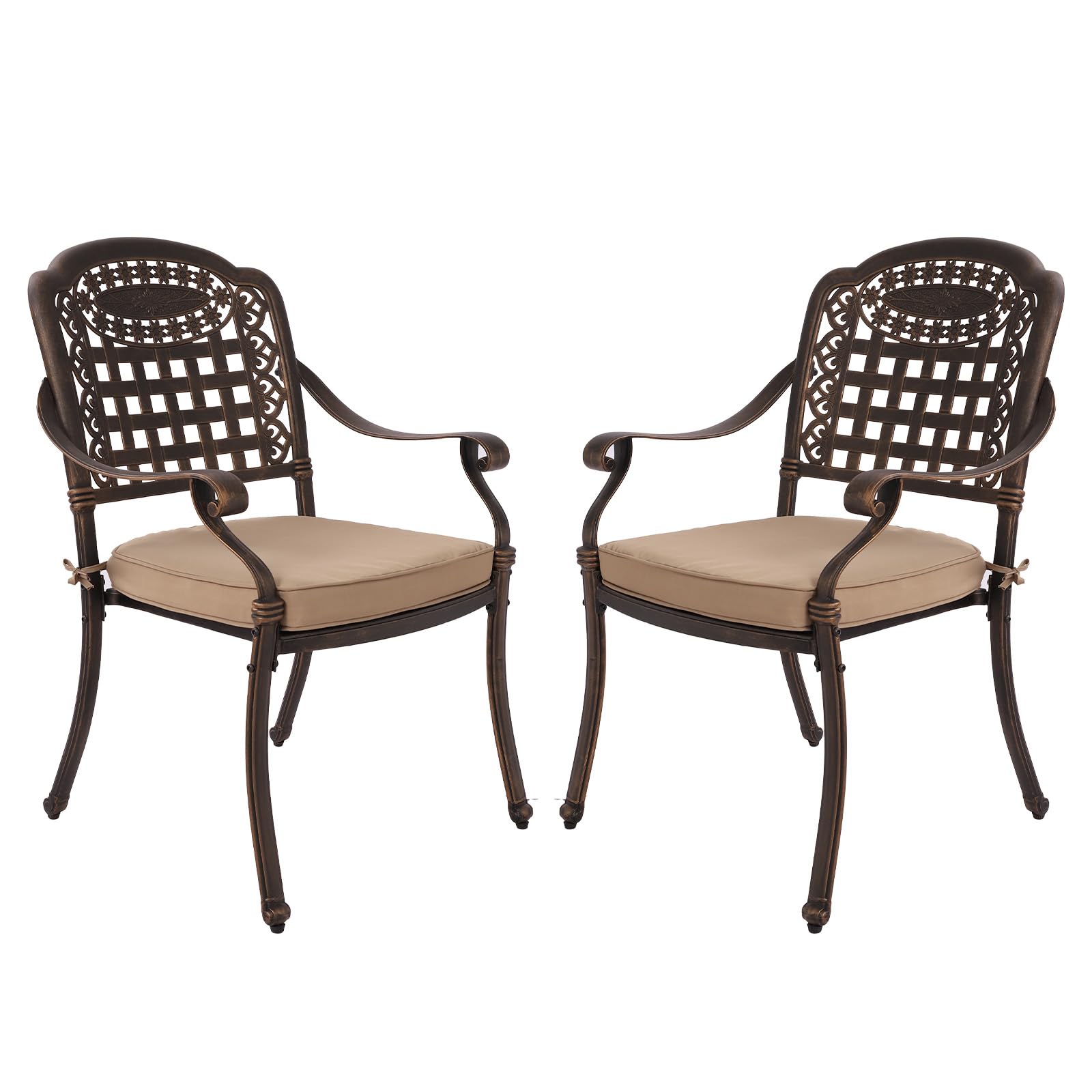 Magic Union 2-Piece Patio Dining Chair Set - Durable Outdoor Cast Aluminum Armchairs with Khaki Cushions for Garden, Backyard & Deck | Perfect for Outdoor Dining, Lounging & Entertaining