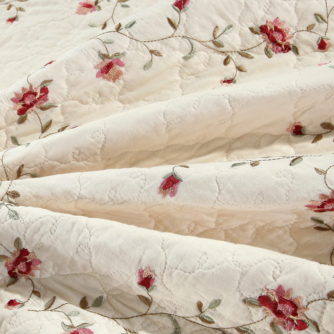 VCTOPS 2-Piece King Size Floral Embroidered Pillow Shams Set - 100% Cotton Quilted Decorative Pillow Covers (20x36 Inches, Cream) for Bedroom, Living Room & Home Decor