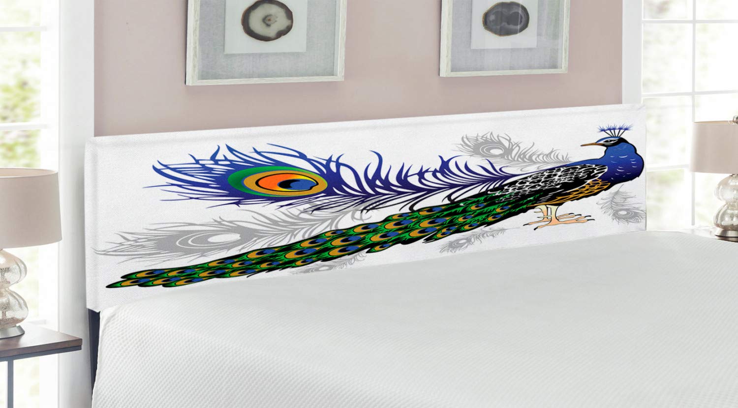Ambesonne King Size Upholstered Metal Bed Headboard with Memory Foam - Majestic Peacock Feathers Animal Pattern in Multicolor | Decorative Headboard for Master Bedroom, Guest Room & Luxury Hotel Decor