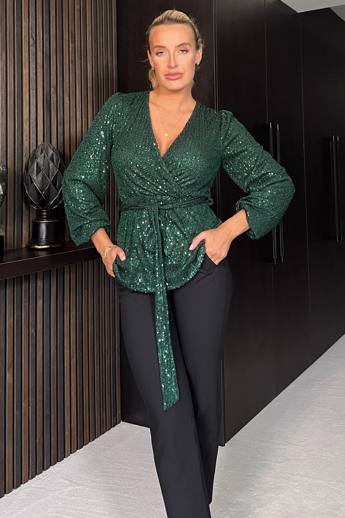 Gabriella Long Sleeve Sequin Top for Women - Elegant Jade Green Glitter Blouse for Party, Evening, and Special Occasions