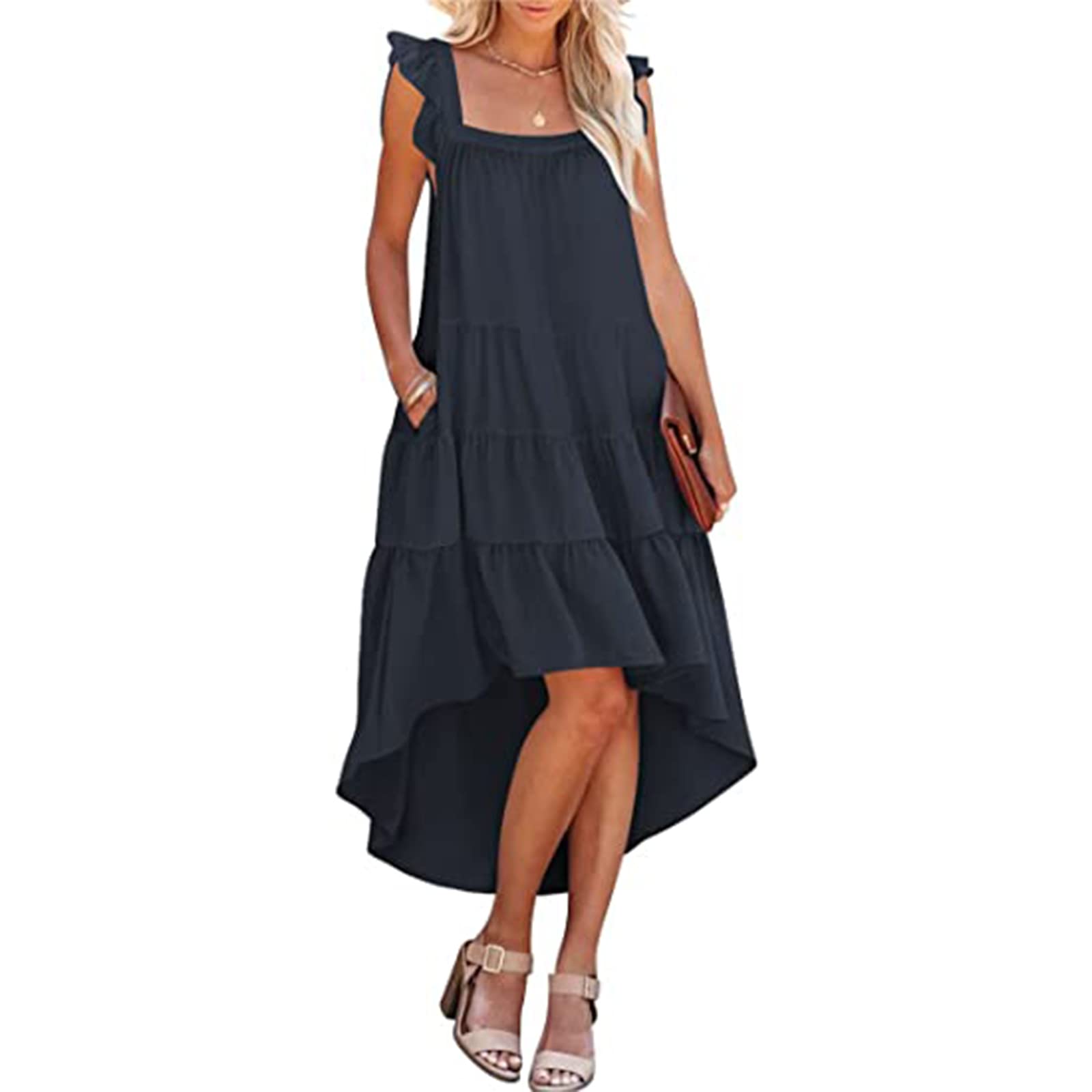 Women's Summer Casual Dress with Ruffle Sleeves & Contrast Colors - Perfect for Beach Vacations, Picnics, and Summer Outings