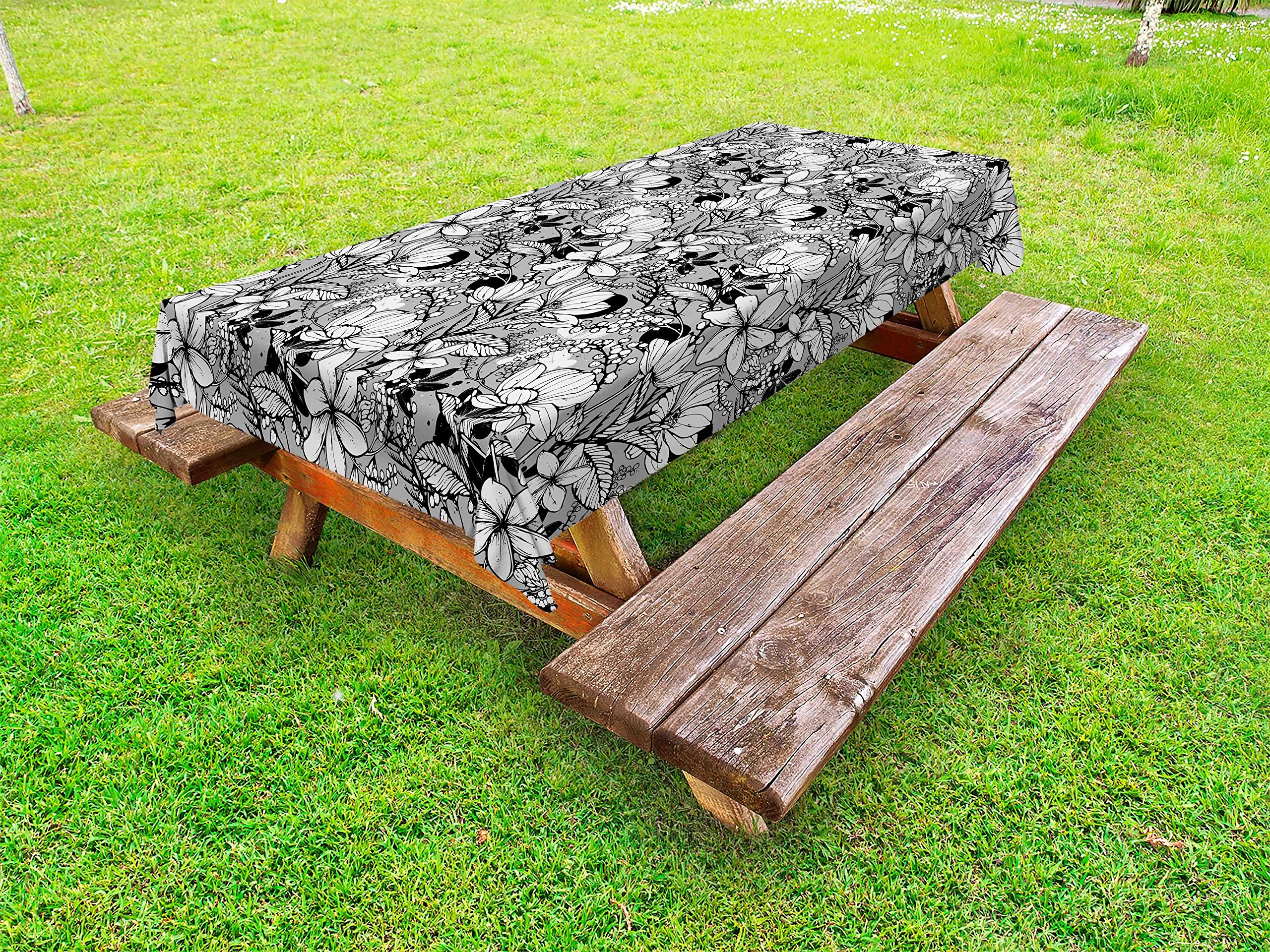 Ambesonne Garden Art Outdoor Tablecloth - Hand Drawn Botanical Pattern with Frangipani, Mimosa & Lotus Flowers | Washable Picnic Table Cover 58x120 Inches in Black, White & Pale Grey | Perfect for Garden Parties, Outdoor Dining & Picnics