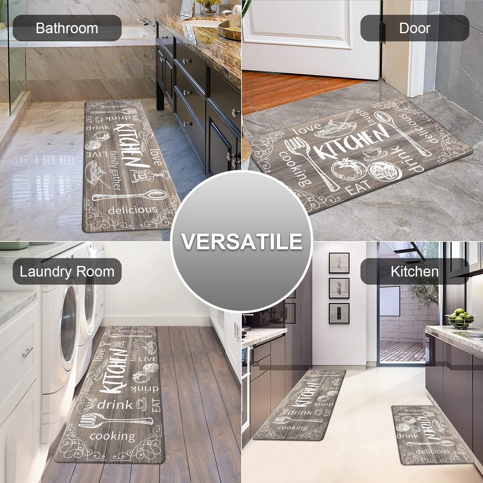 HEBE Anti-Fatigue Kitchen Rug Set of 2 - Non-Slip Cushioned Floor Mats, Waterproof Comfort for Sink & Laundry Room - Farmhouse Style Chef Mats for Standing Support (Brown) | Perfect for Cooking, Dishwashing & Long Hours in Kitchen