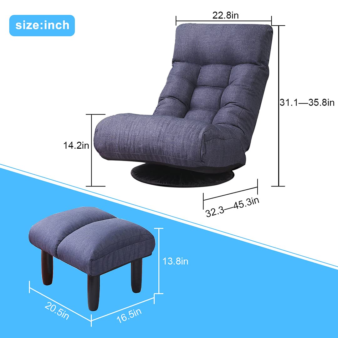 360° Swivel Gaming Chaise Lounge with Ottoman - Adjustable Backrest Folding Floor Chair for Bedroom & Living Room | Navy Blue Floor Sofa for Video Games, Movie Nights & Relaxation