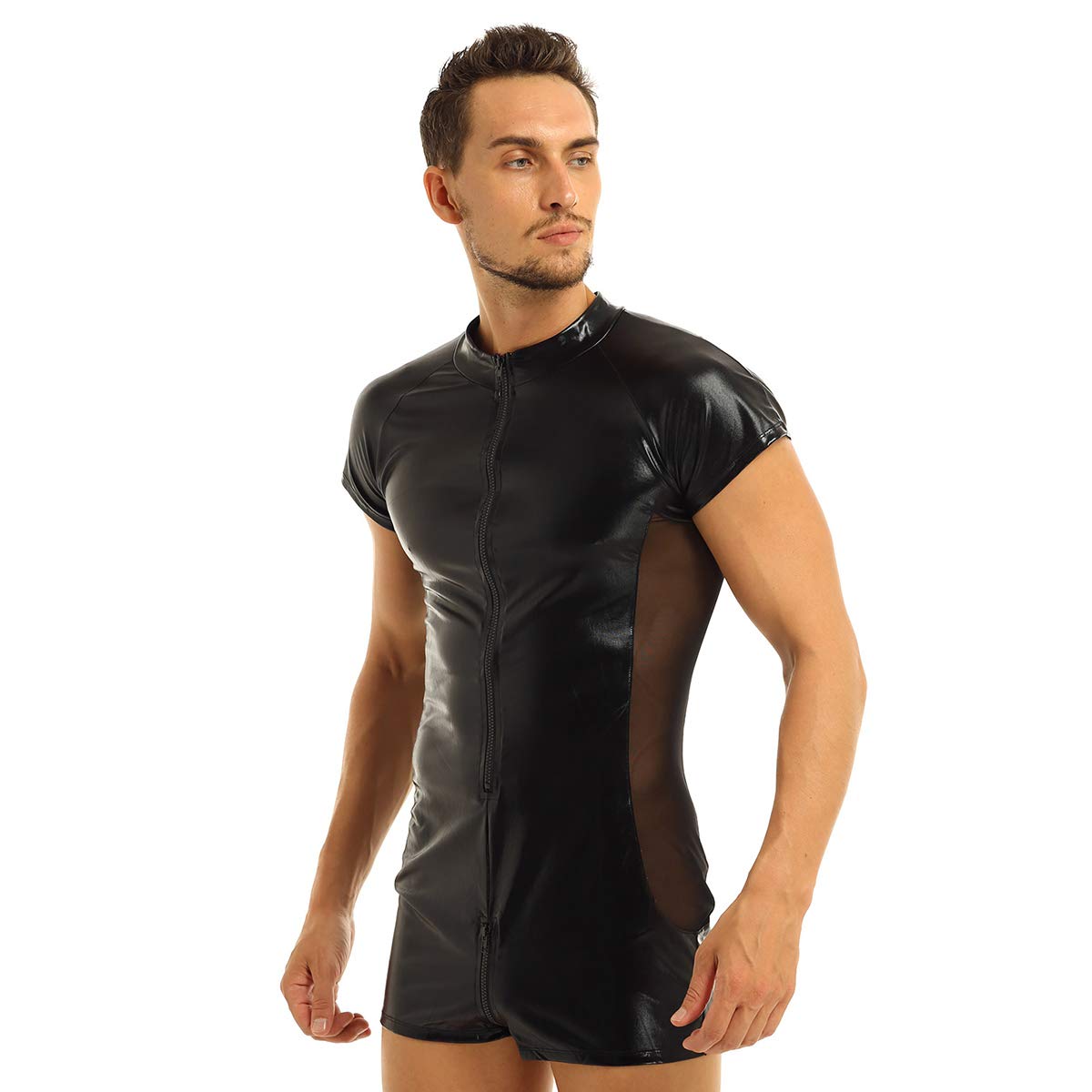 CHICTRY Men's Wet Look Black Leather Bodysuit - Sexy Mesh Catsuit Clubwear for Nightlife & Costume Parties | Perfect for Halloween, Cosplay & Fetish Events