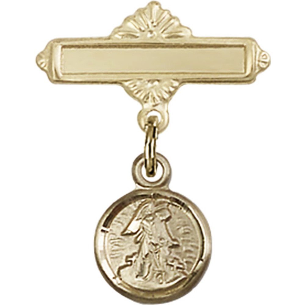 Gold Filled Baby Badge with Guardian Angel Charm - 7/8 X 5/8 Inch Polished Pin for Christening, Baptism & Newborn Gifts - Perfect for Baby Showers, First Communion & Keepsake Jewelry