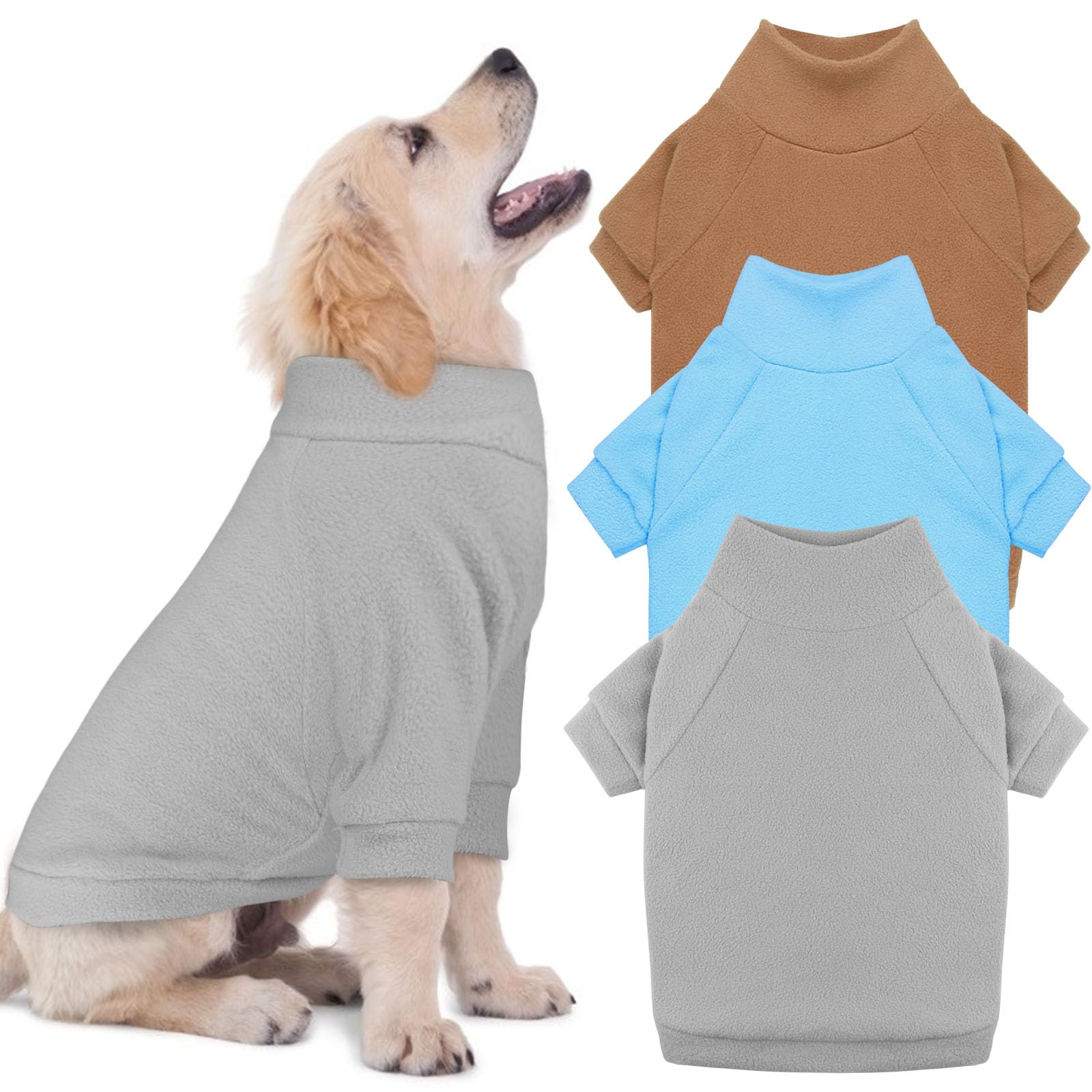 3 Pack Fleece Dog Sweaters for Medium Dogs - Soft Warm Turtleneck Pet Sweatshirt for Small to Medium Breed Dogs (Gray, Blue, Coffee) - Perfect for Winter Walks & Indoor Comfort