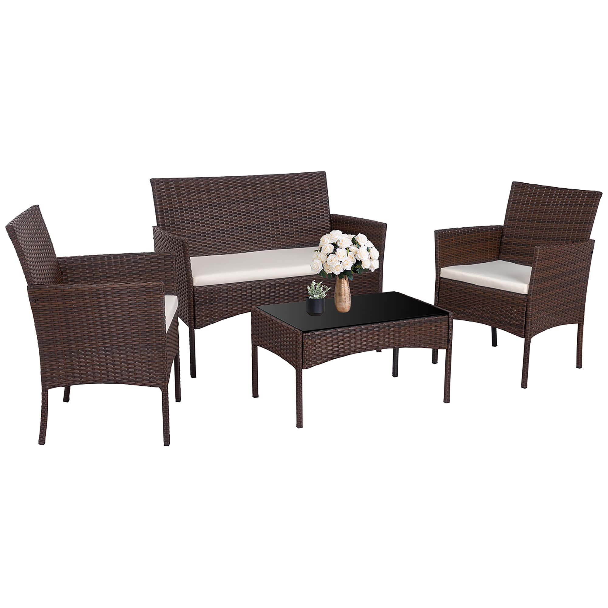 Walsunny 4-Piece Outdoor Patio Furniture Set - All-Weather Rattan Wicker Chairs for Backyard, Porch, Garden, Poolside & Balcony - Indoor/Outdoor Use (Brown) - Perfect for Relaxing, Entertaining & Lounging