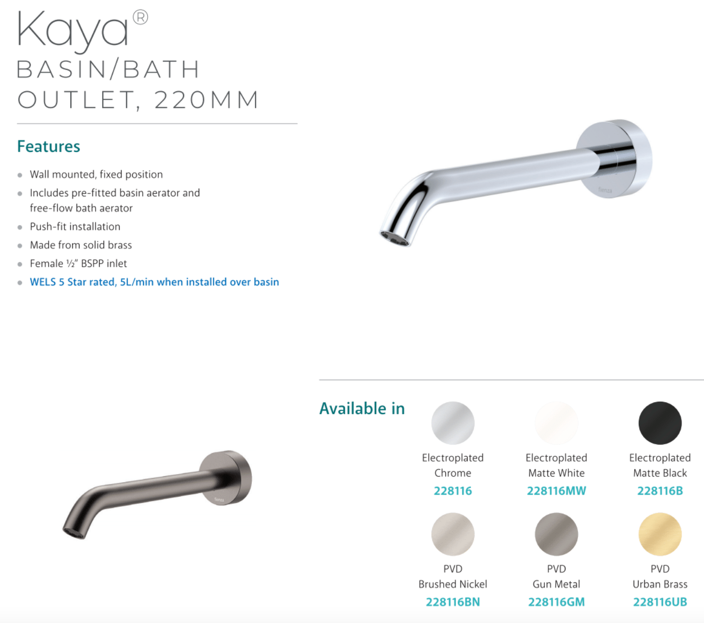 Fienza 228116MW Kaya Bathroom Sink Faucet - 220mm Matte White Basin Mixer Tap for Modern Bathrooms - Perfect for Vanities, Powder Rooms, and Guest Baths
