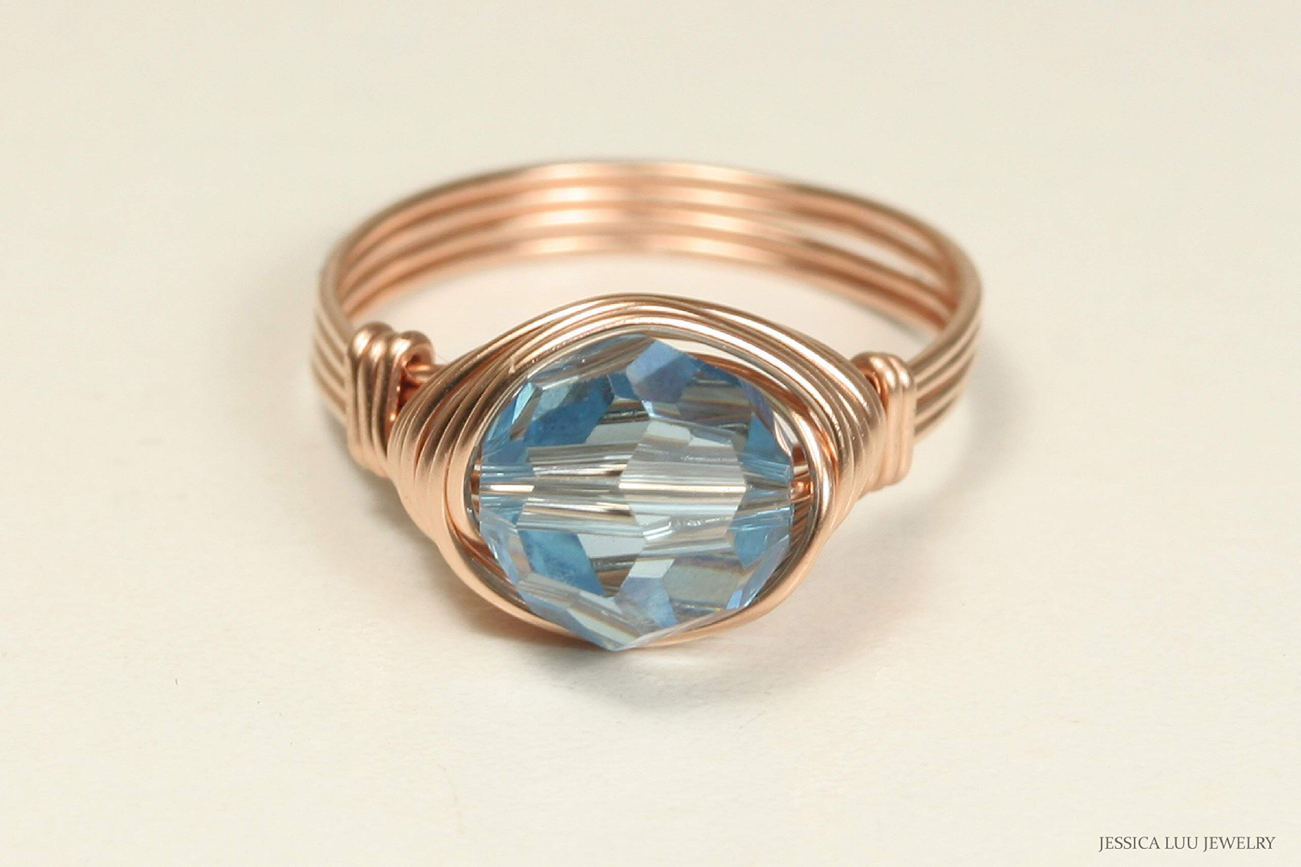 Rose Gold Aquamarine Blue Crystal Solitaire Ring - Handmade Jewelry for Women - Elegant Engagement, Wedding, Anniversary Gift - Perfect for Special Occasions & Everyday Wear