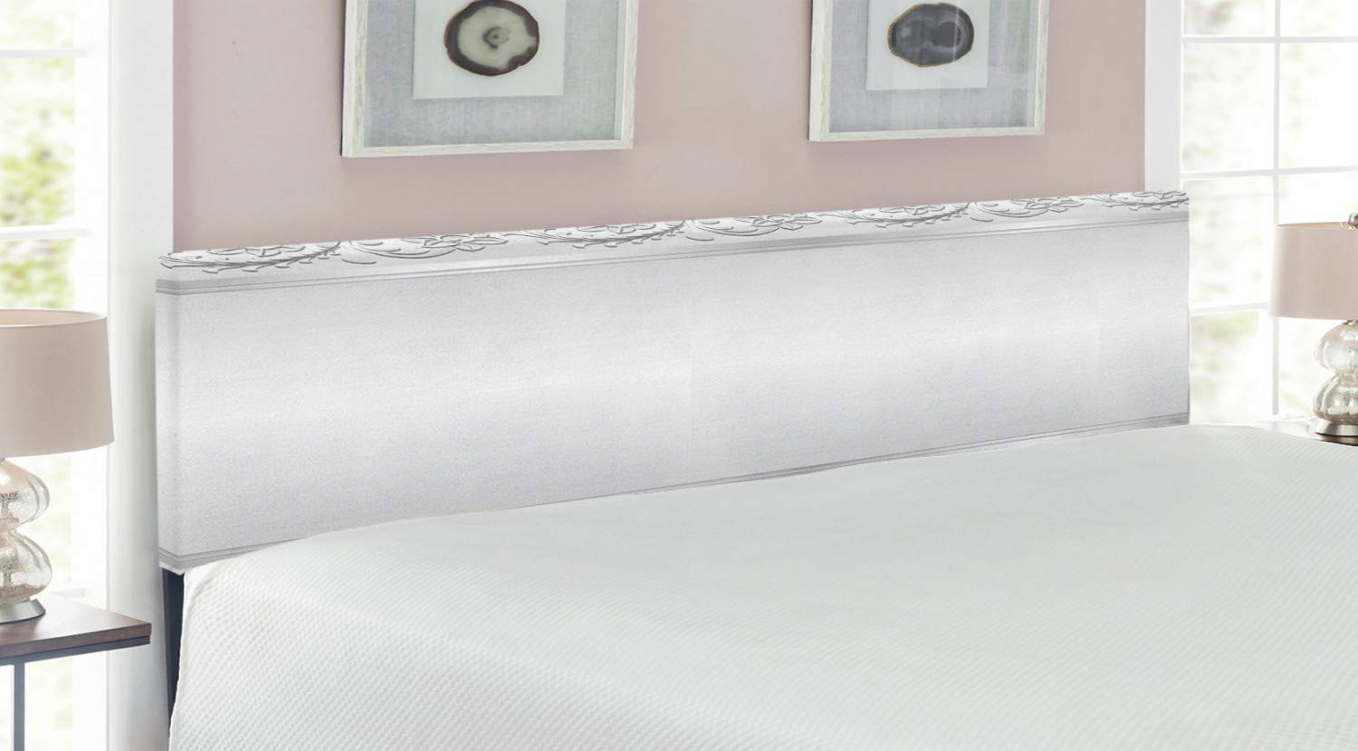 Ambesonne Vintage Floral Upholstered Metal Headboard - King Size White & Grey Memory Foam Bed Headboard with Classic Bridal Design | Perfect for Master Bedroom, Guest Room & Home Decor